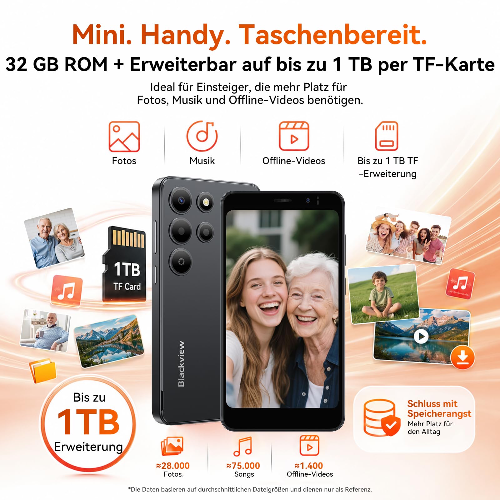 Blackview Wave 2C Mini Handy Android 16, 5" HD+ IPS Smartphone Ohne Vertrag, 9GB+32GB/1TB, 4G Dual SIM/Face ID/GPS, Schwarz