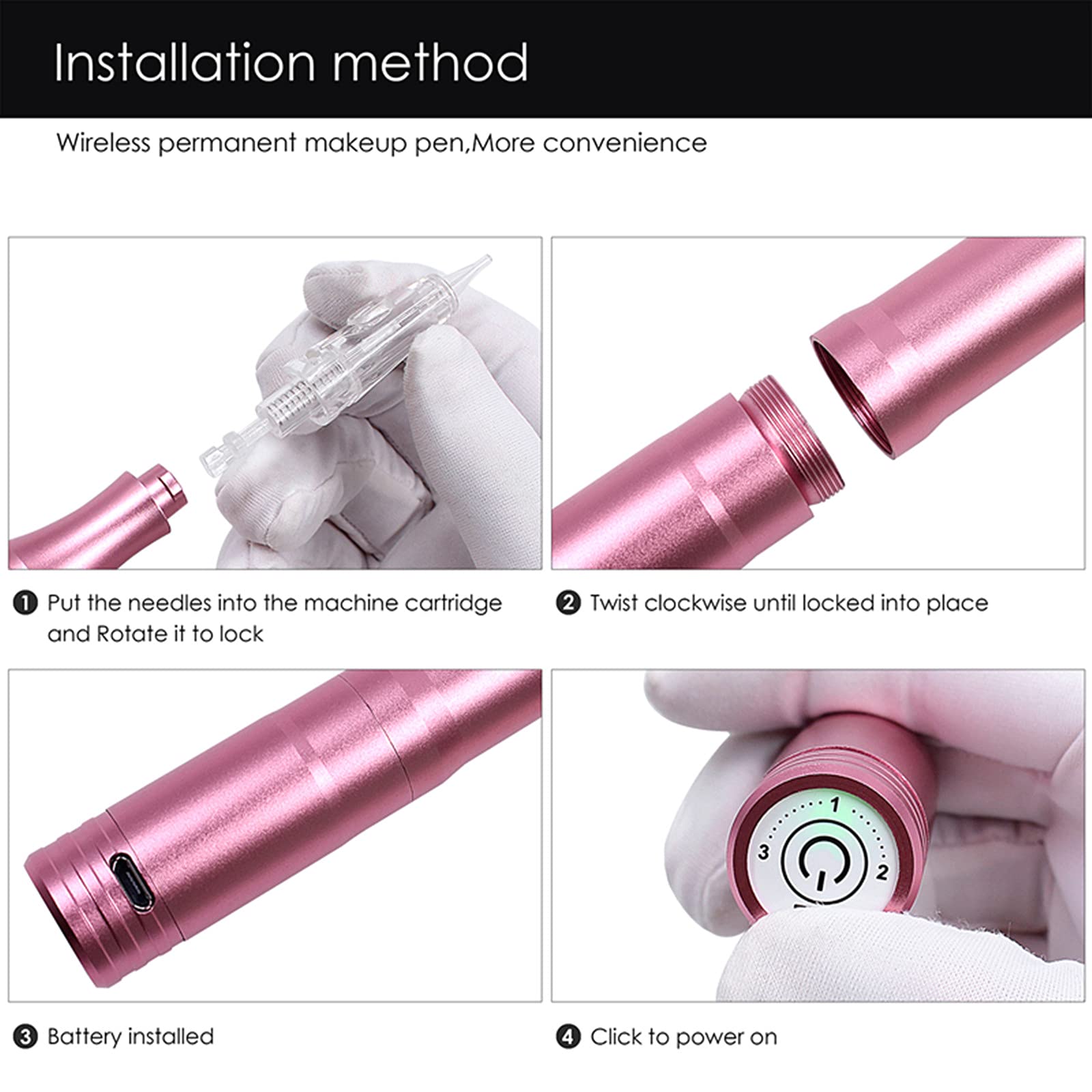 Kit per tatuaggio professionale ricaricabile per macchina per trucco permanente senza fili con 10 aghi per cartucce per tatuaggio 1P per sopracciglia/eyeliner/labbra (Rosa+10pezzi 1P Aghi)