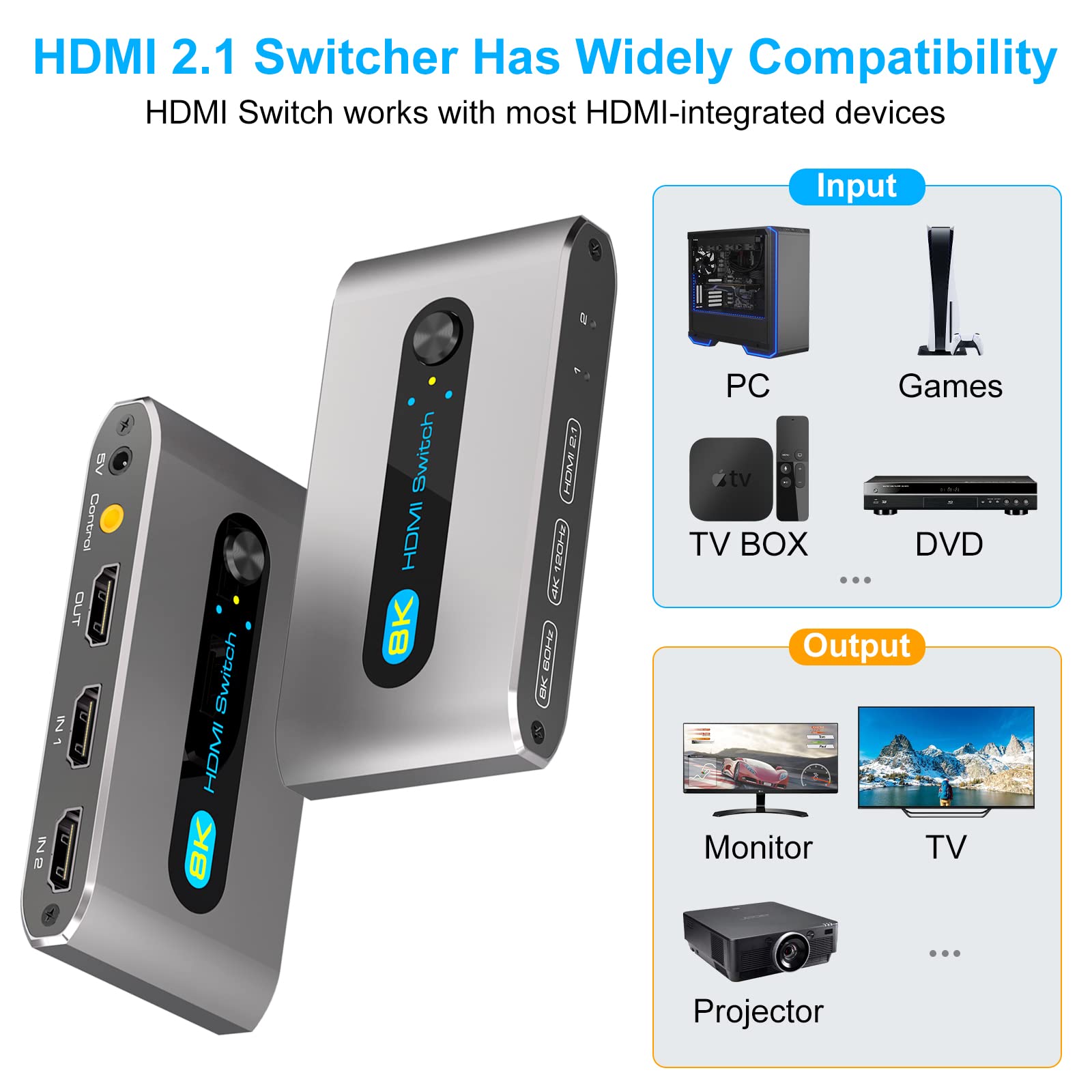HDMI 2.1 Switch 8K 2 in1 out HDMI Switcher 2-Port Support 8K 60Hz 4K 120Hz HDCP 2.3 Ultra HD 3D for Xbox PS4 PS5 Roku UHD TV Monitor with Cable Desktop Controller