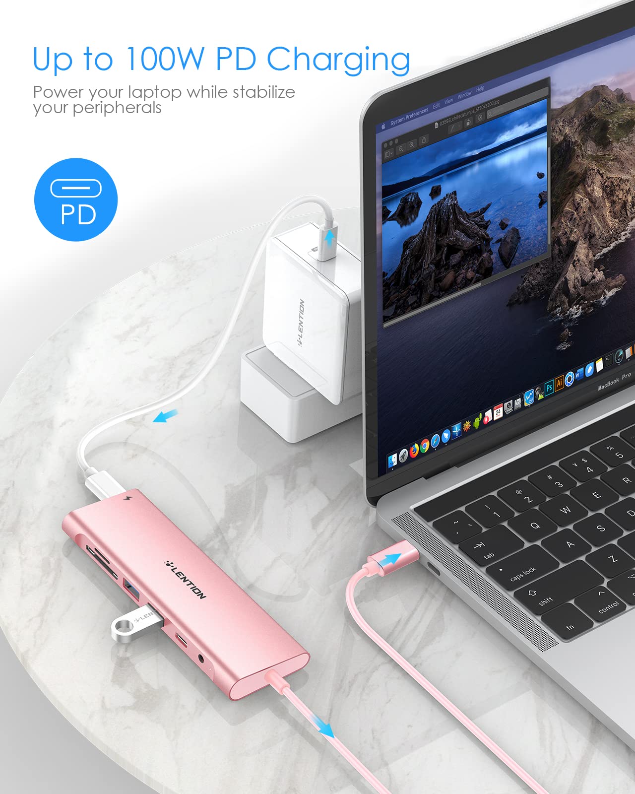 LENTION Długi kabel USB C Hub z 4K HDMI, 2 USB 3.0, czytnik kart, Aux, typ C / adapter ładowania 100 W do MacBooka Pro 2023-2016, nowego Mac Air/Surface, ChromeBook, więcej (CB-C37, różowe złoto)