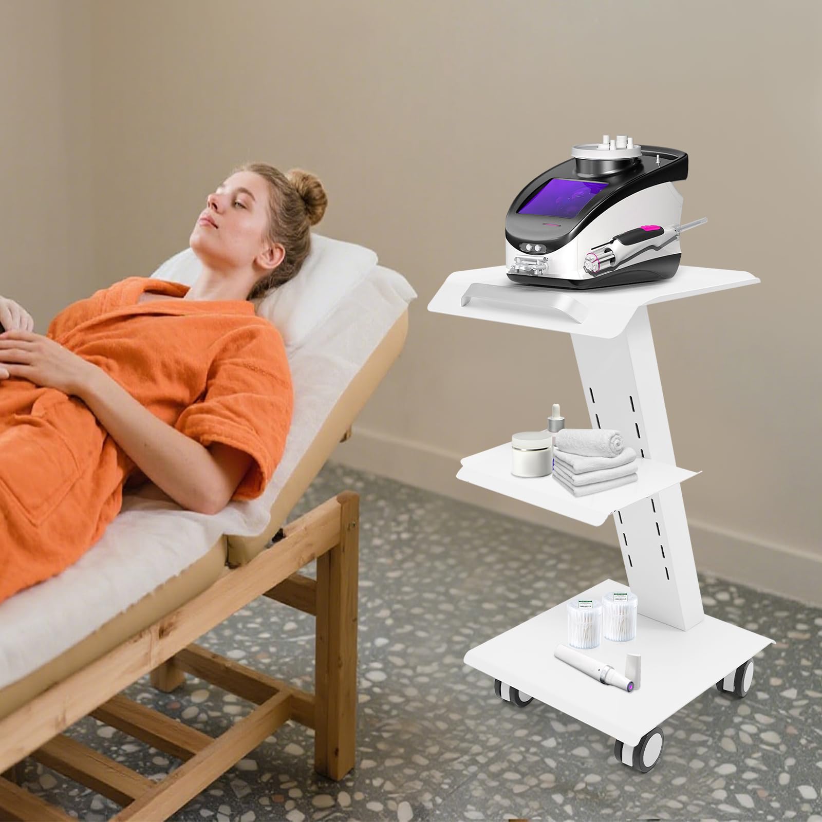 Carrello da laboratorio a 3 livelli con prese e ruote | Carrello 3 Livelli Regolabile con 3 Prese. Ruote con freno. Ideale per bellezza, laboratorio e uso medico.