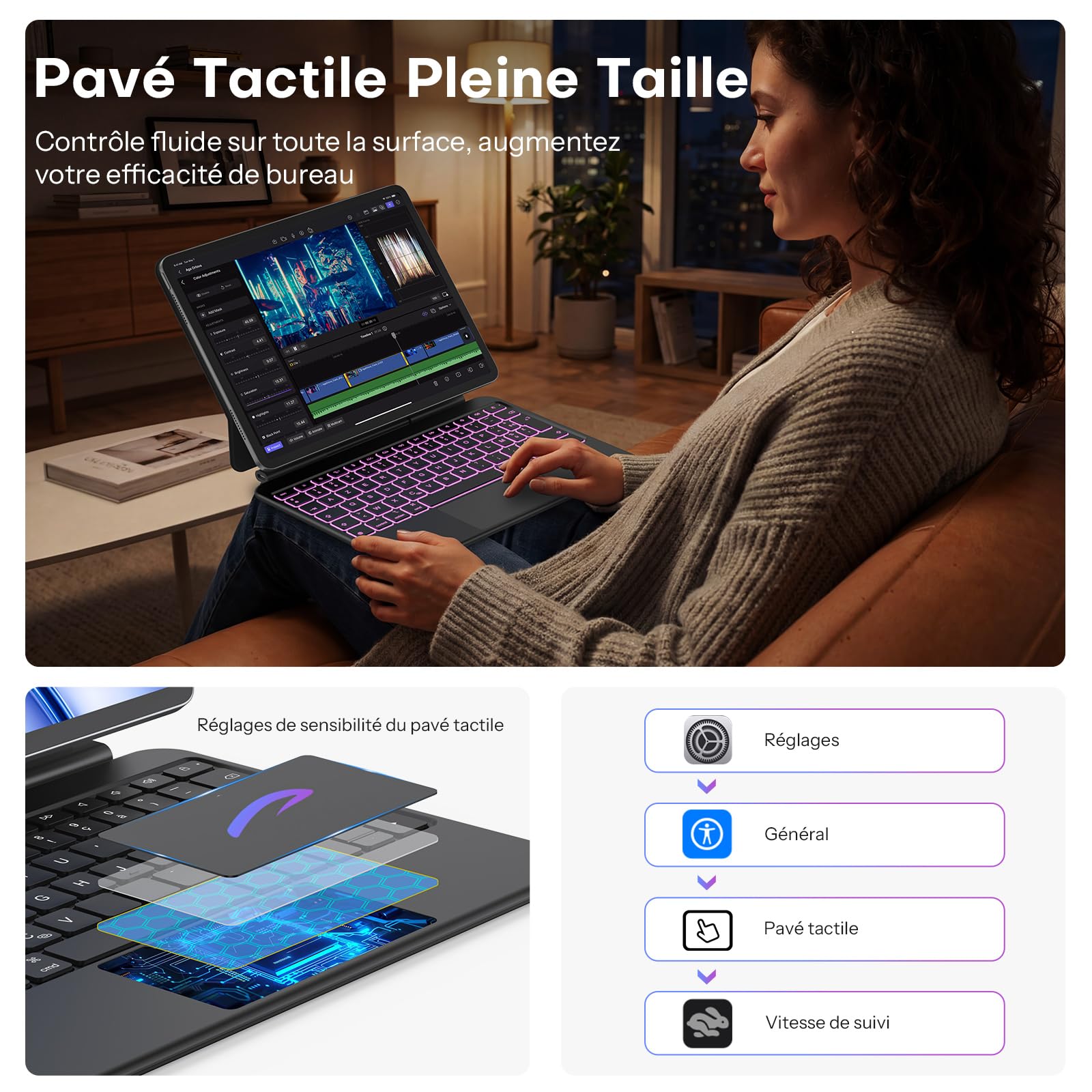 OMOTON - Funda con teclado para iPad Air 11 (M3/M2, 2025/2024)/Air 5/4 con Trackpad, Magic Keyboard para iPad Pro de 11" (4/3/2/1 Gen) francés AZERTY ISO-FR, 7 colores retroiluminados, portátil, negro