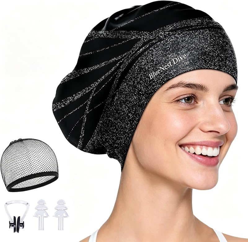 Large Swim Cap Designed specifically for Women and Men with Thick, Long, or Curly Hair. Waterproof Ear Flaps Keep Hair Dry(Black)