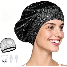 Large Swim Cap Designed specifically for Women and Men with Thick, Long, or Curly Hair. Waterproof Ear Flaps Keep Hair DryBlack