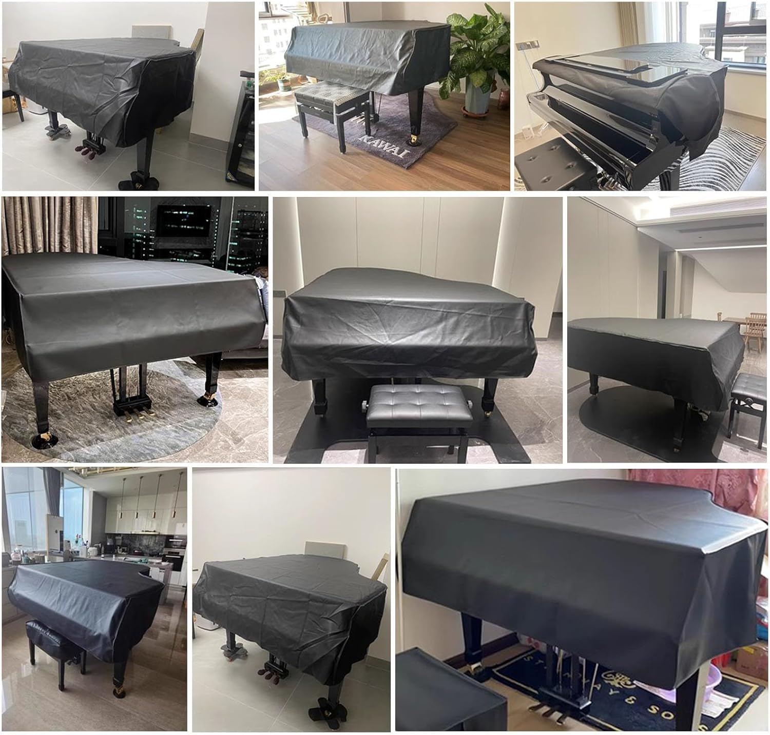 Copertura per pianoforte a coda nera in pelle impermeabile con copertura per panca, antigraffio, 200 cm, protezione antipolvere per pianoforti a coda