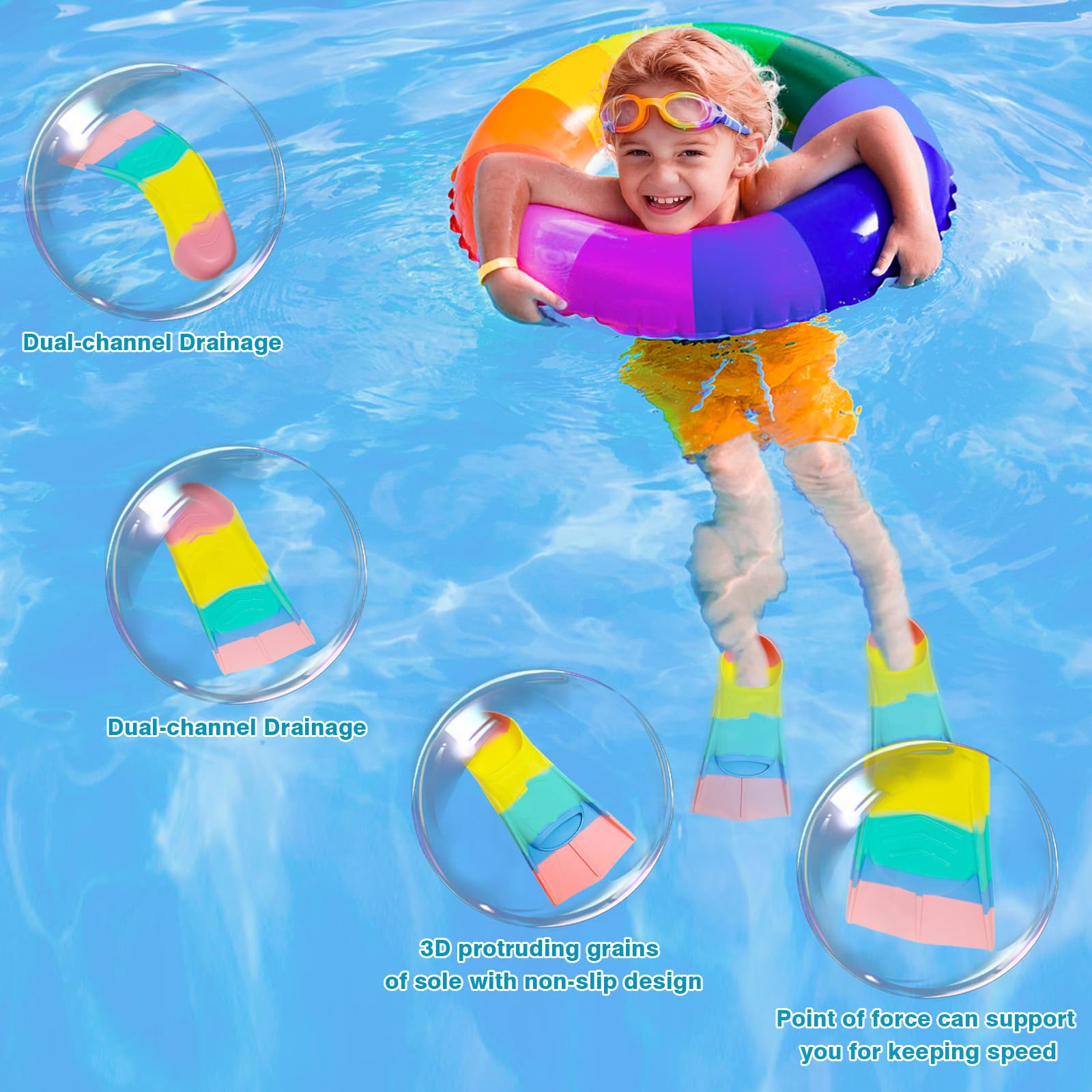 Aletas de natación para niños, 100% silicona, aletas de entrenamiento, aletas de natación para niños y adultos, entrenamiento de agua abierta, snorkeling