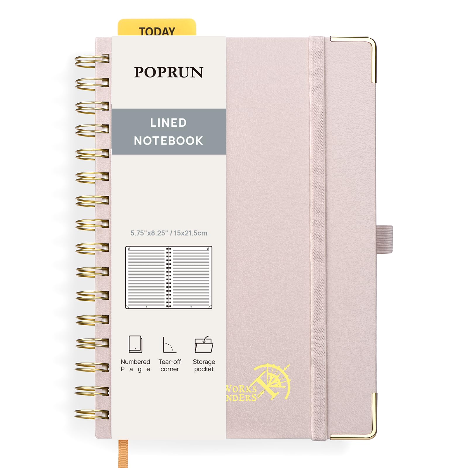 POPRUN Lined Spiral Journal Notebook, [A5-5.75'' x 8.25''] - 120 GSM Thick Paper, 141 Numbered Pages, College Ruled Notebook for Men & Women with Pocket, Index Tabs, 8 Perforated Sheets, Light Pink
