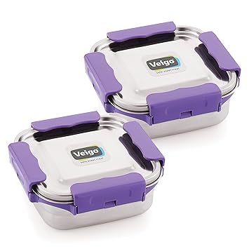 Premium Finish Maxo Series Stainless Steel Medium Airtight Leak-Proof Lunch Box for Office, School, Picnic, 450 ml, Set of 2- Voilet