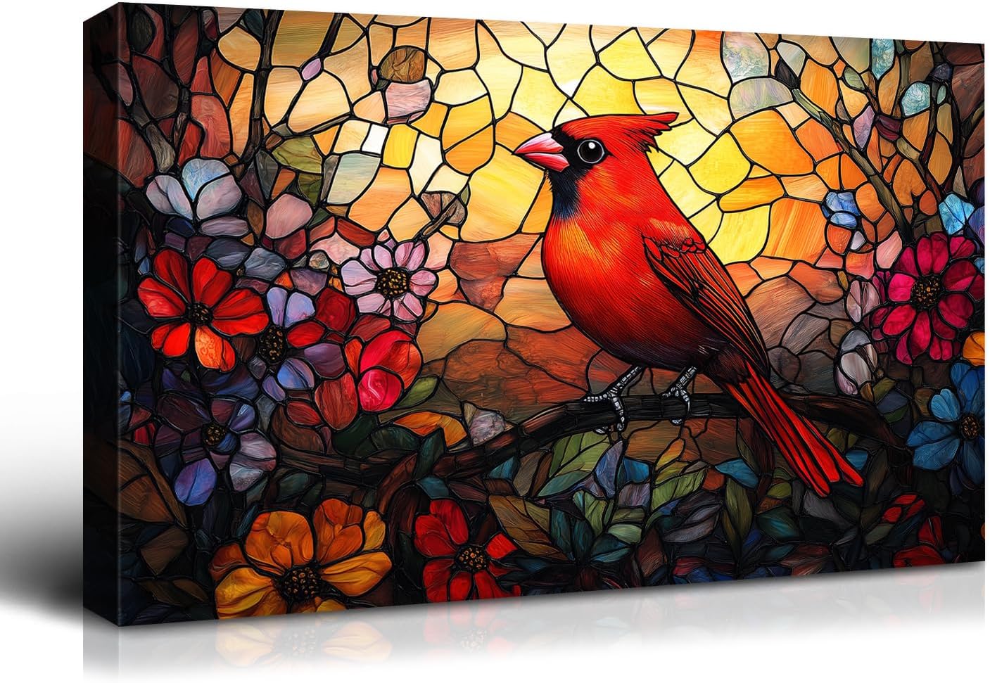 Dimpoli Stained Glass Texture Canvas Wall Art, Red Cardinal Oil Artwork Print on Canvas, Cute Animal Wall Art Decorations For Home Living Room Decor 18x12 Inches