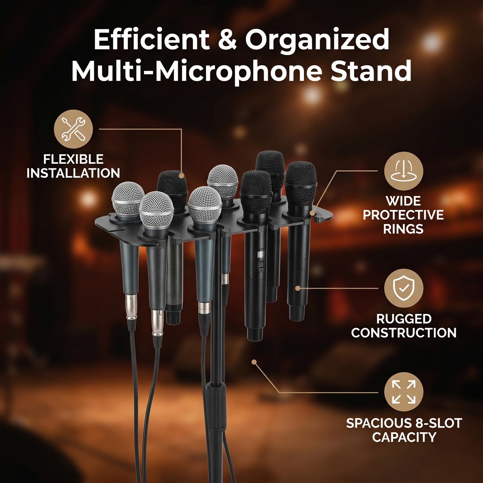 Supporto Multi-Microfono per Microfoni Cablati e Wireless, 8 Slot, Supporto Quadrato per Microfono, Vassoio per Palco, Antivibrazione, Montabile su Scrivania o a parete.