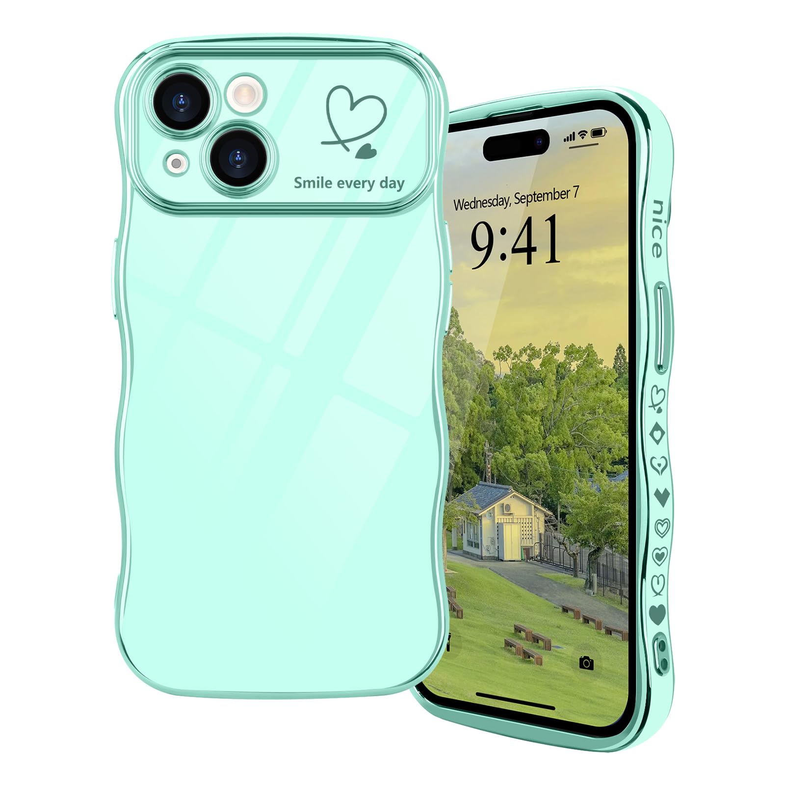 for iPhone 15 Plus Case Girls Women Cute Curly Wave Frame Case with Love Heart Pattern Luxury Plating Soft Cover Full Camera Protection Shockproof Phone Case for iPhone 15 Plus,Green