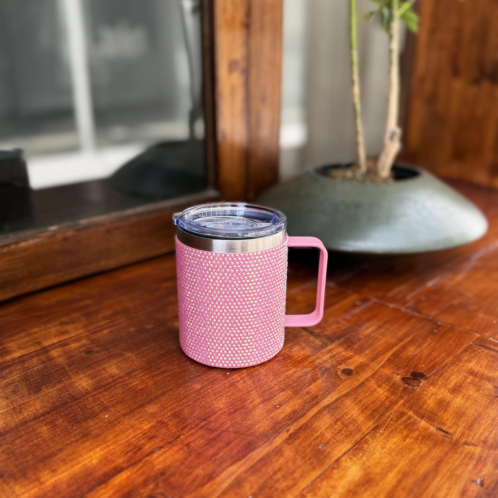 Taza de café de viaje de 12 onzas con asa y tapa, taza de café aislada con diamantes de imitación, de acero inoxidable, reutilizable, con purpurina, taza térmica para el hogar y la oficina