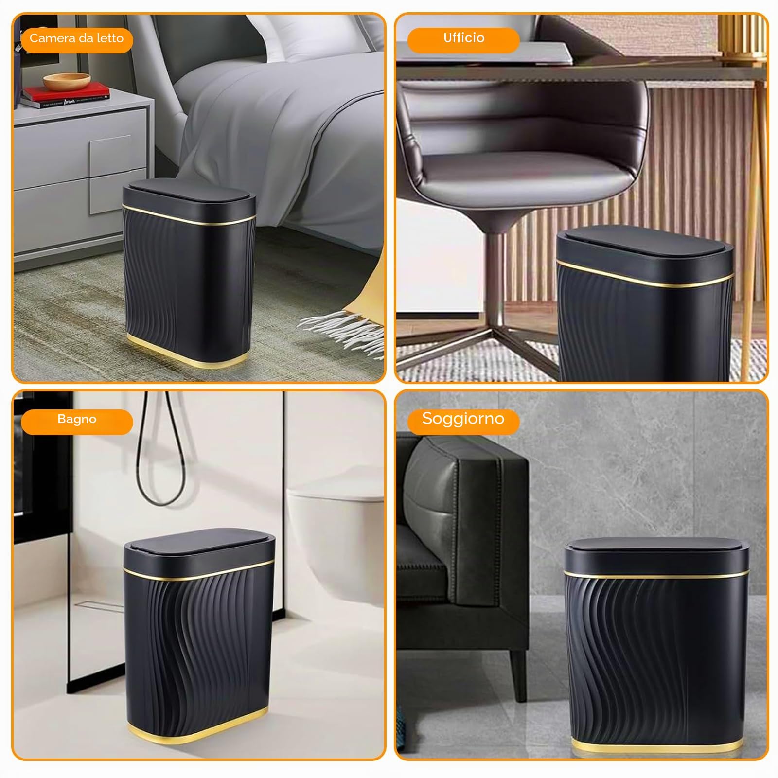 Pattumiera da 8 l, con sensore intelligente, da cucina con coperchio, per cosmetici, per bagno, inodore e impermeabile, senza rumore, touchless26,5 x 29,5 x 14 cm (nero)