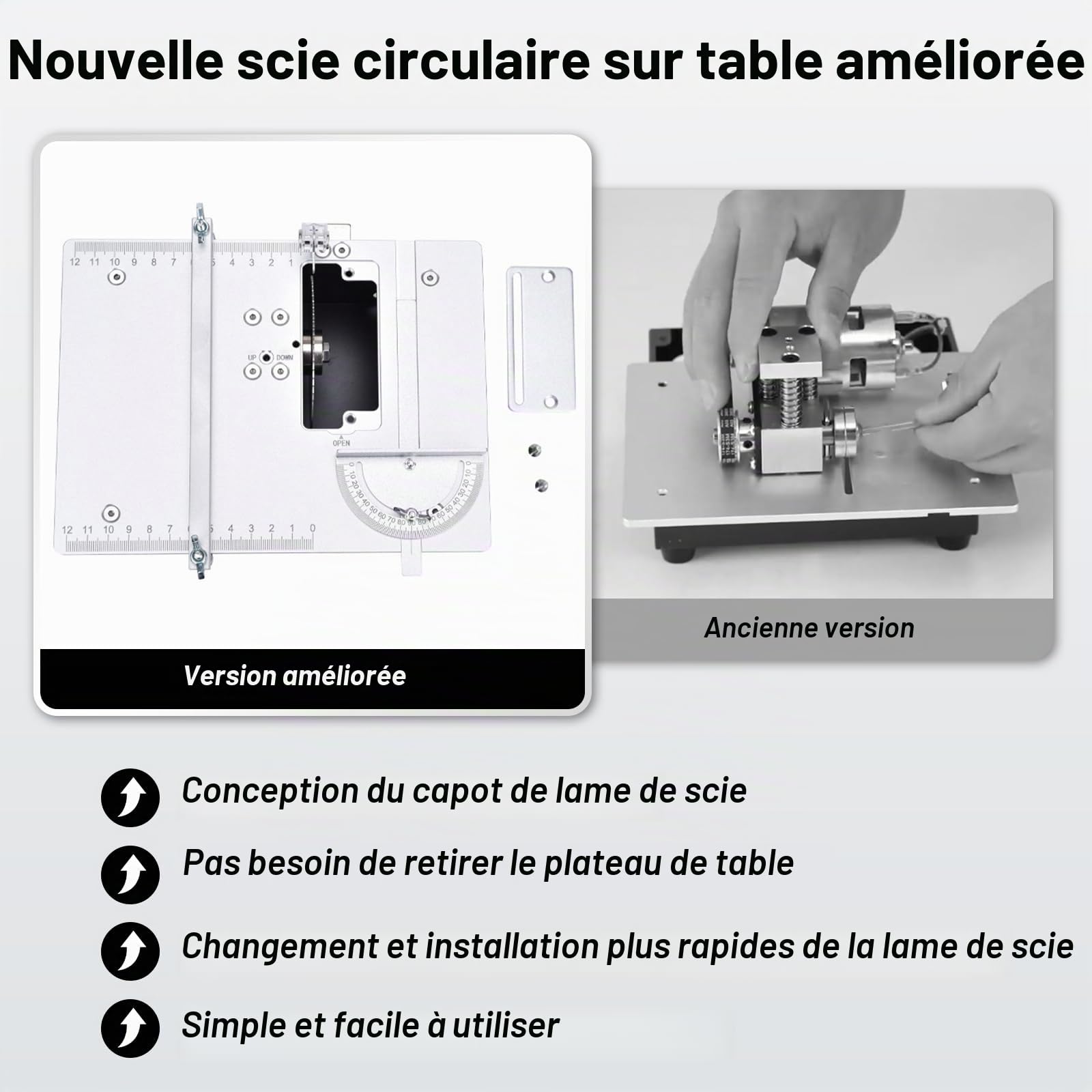 Mini scie circulaire de table avec ponceuse à bande, scie de table réglable, portable précision avec 4 lames et rabat de sécurité, lame de scie de 0,1 à 20 mm