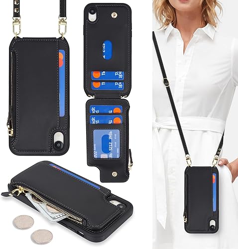 Cavor Funda tipo cartera para iPhone XR con tarjetero para mujer, funda para iPhone XR con correa, cordón cruzado y bolsillo con cremallera, funda
