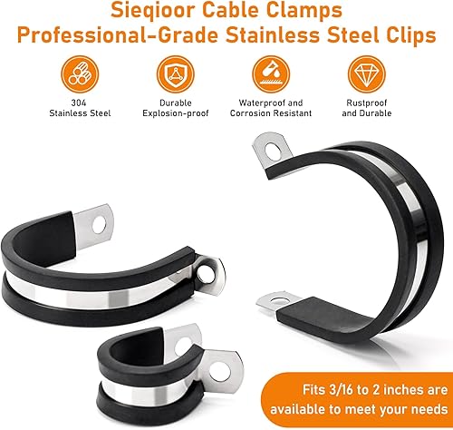 Miniatura 2 de Paquete de 18 abrazaderas de cable de 1-12 pulgadas, abrazaderas de cable de acero inoxidable 304, abrazadera aislada acolchada de goma, soporte de