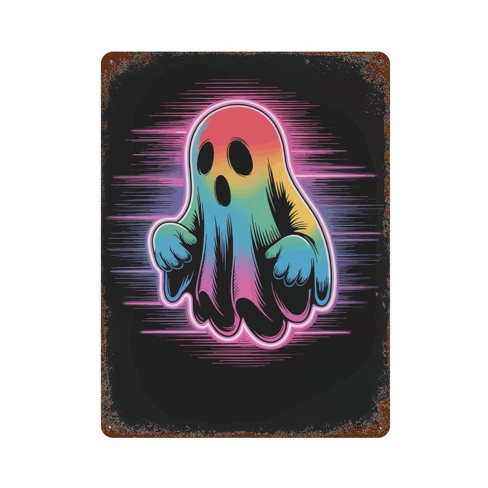 Garage Style Rainbow Ghost with Neon Aura Rusty Metal Tin Sign 15.7"x11.8", Novelty Wall Decor for Bar And Workshop