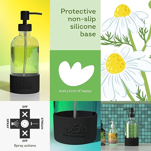 Miniatura 6 de EKOH - Botellas de jabón de manos y platos de vidrio ámbar recargables de 16 onzas, paquete de 2 aerosoles negros + funda protectora de silicona