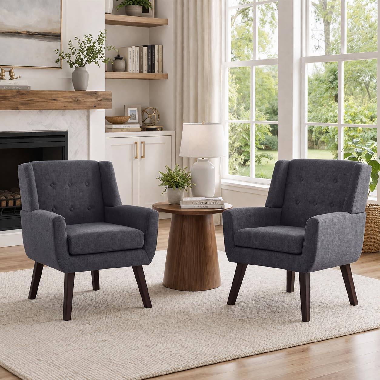 HUIMO Button-Tufted Accent Chairs Set of 2,Upholstered Reading Living Room Chair,Mid Century Modern Chair with Linen Fabric, Club Chair,Comfy Arm Chairs for Living Room,Bedroom,Grey