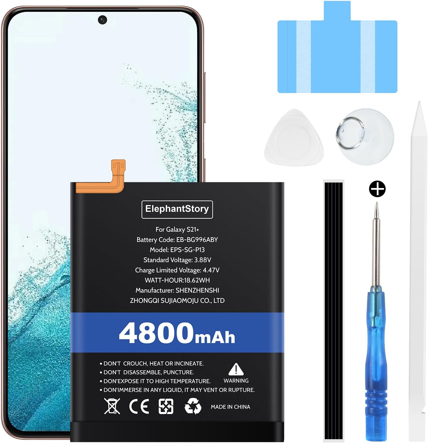 ElephantStory Battery for Galaxy S21 Plus, 4800 mAh Battery for Samsung Galaxy S21+ S21 Plus 5G SM-G996 with Repair Kits