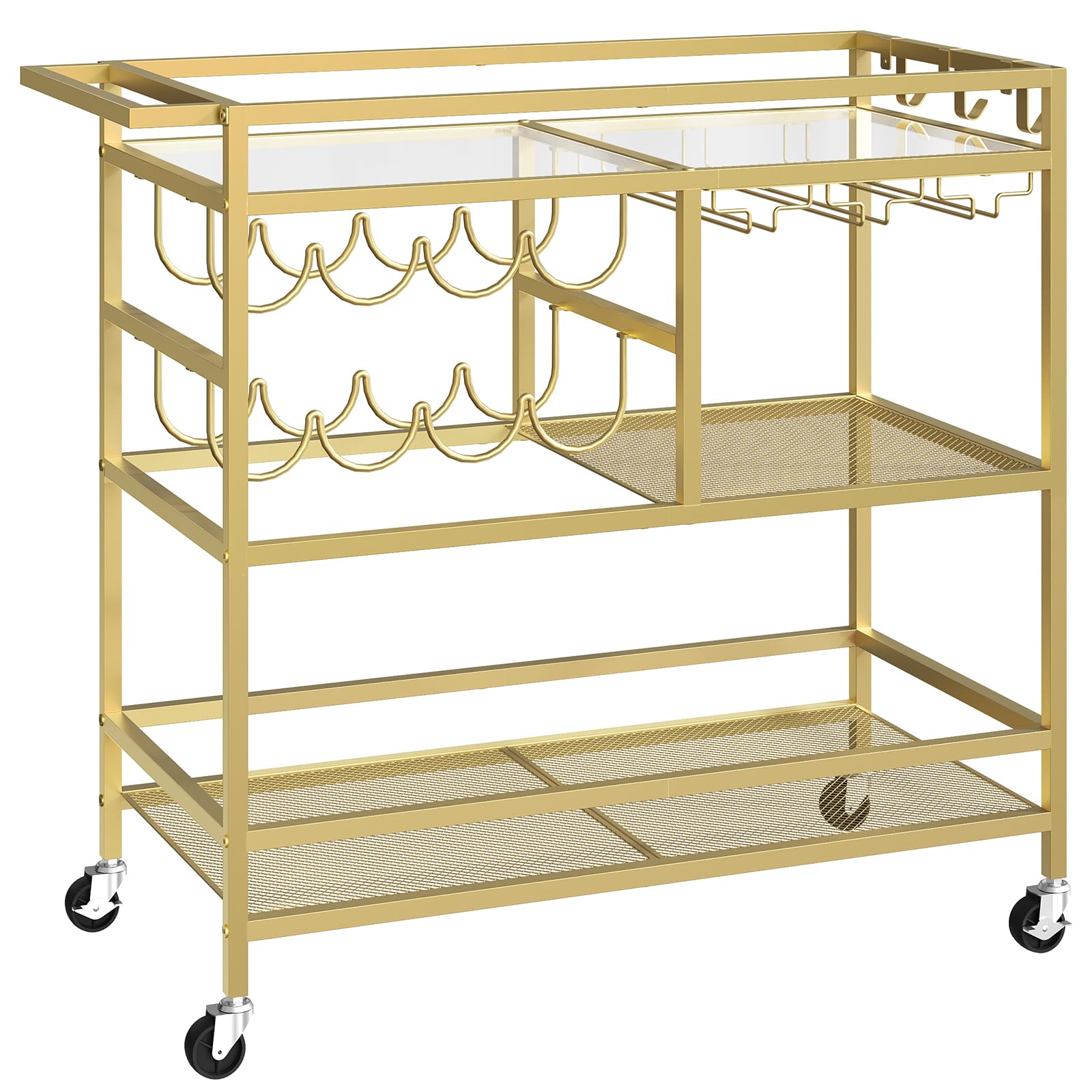 MAHANCRIS Bar Cart for Home, 3-Tier Serving Cart with Wheels and Handle, Beverage Cart with Wine Rack and Glass Holders, Rolling Wine Cart for Kitchen, Dining Room, Gold RCGD81B01