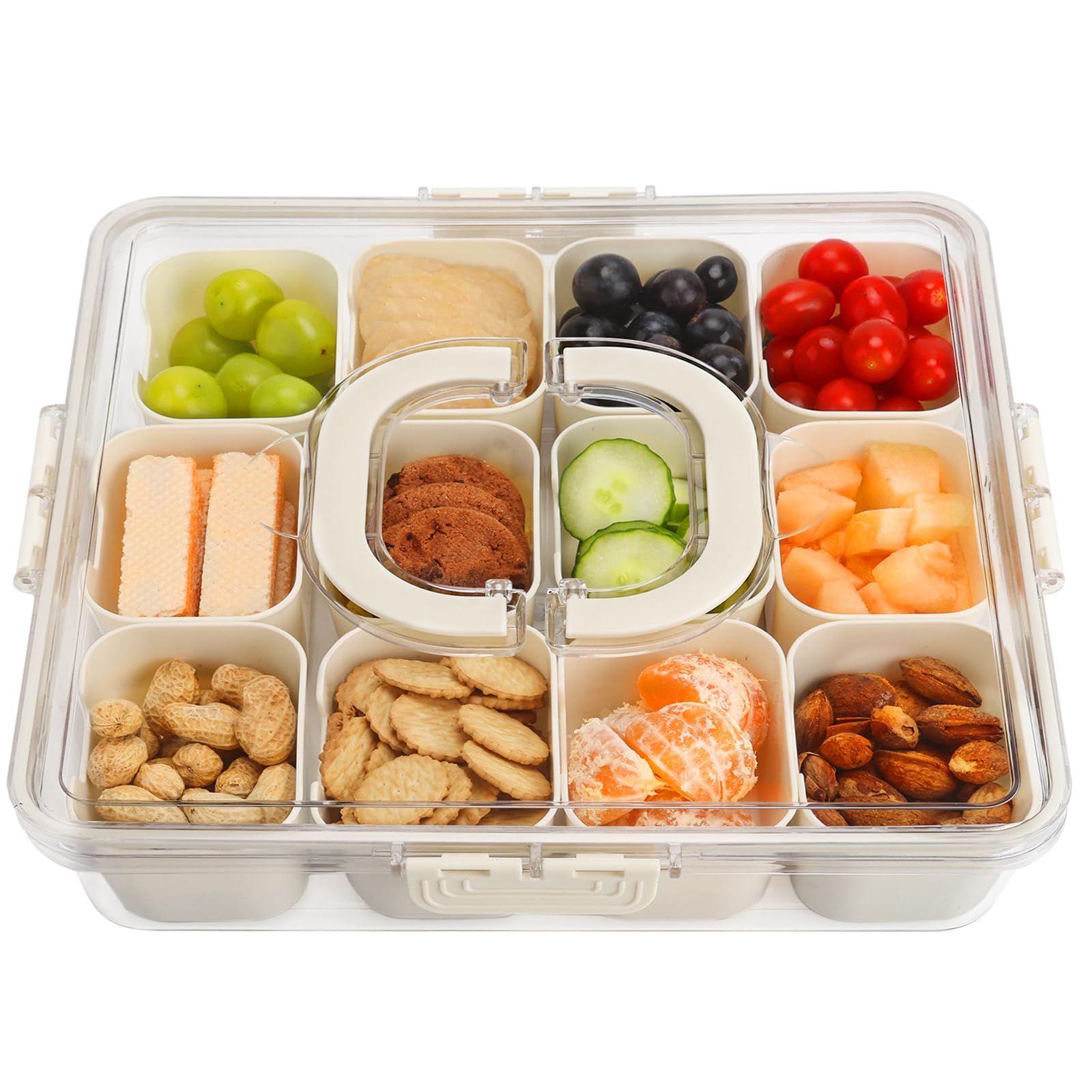 shopwithgreen Divided Serving Tray with Lid and Handle, Portable Snack Box, 12 Compartments Veggie Fruit Tray, Charcuterie Platter Snackle Box