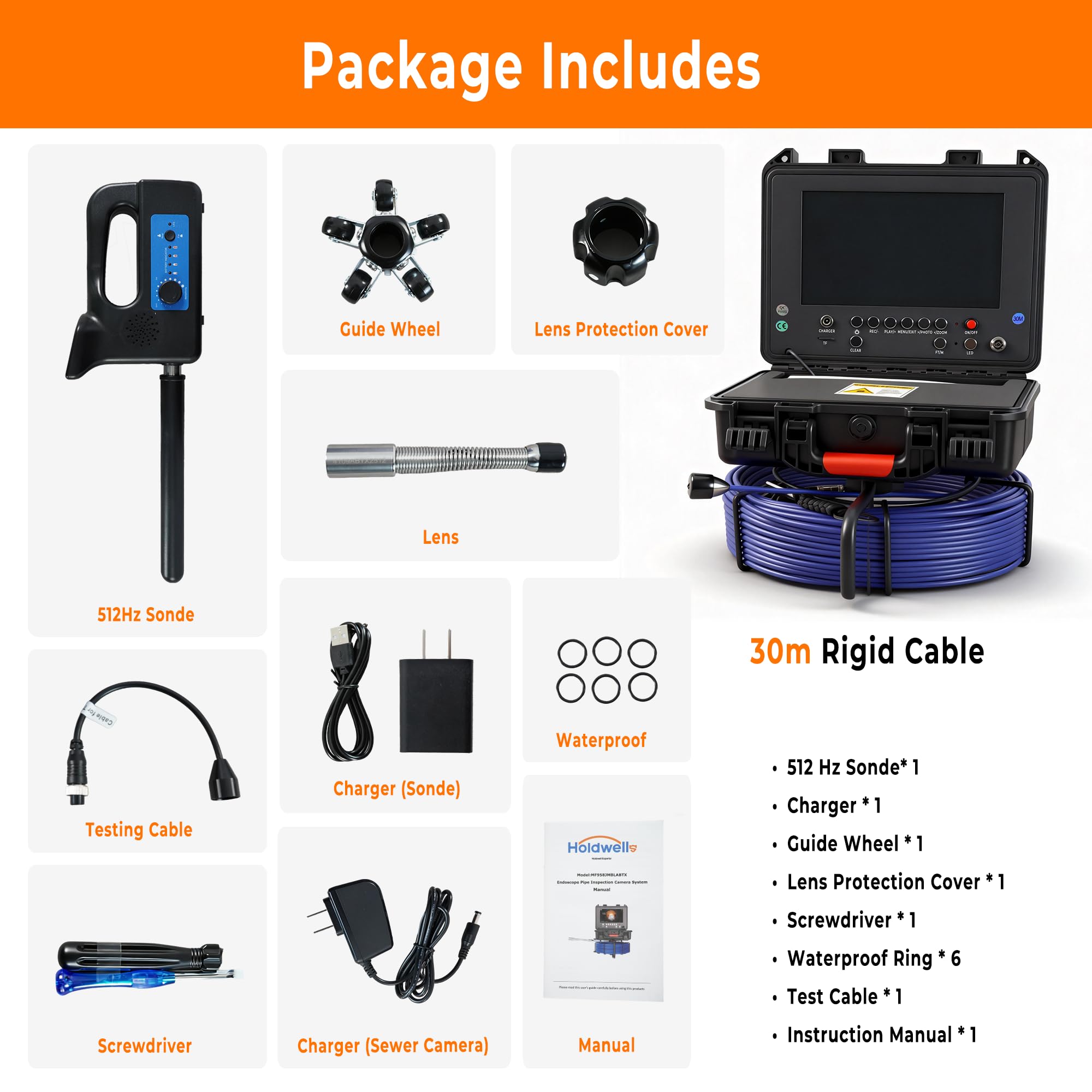 Holdwells Sewer Camera with 512Hz Locator 9" Pipeline Inspection Camera 30m — Amazon image 9