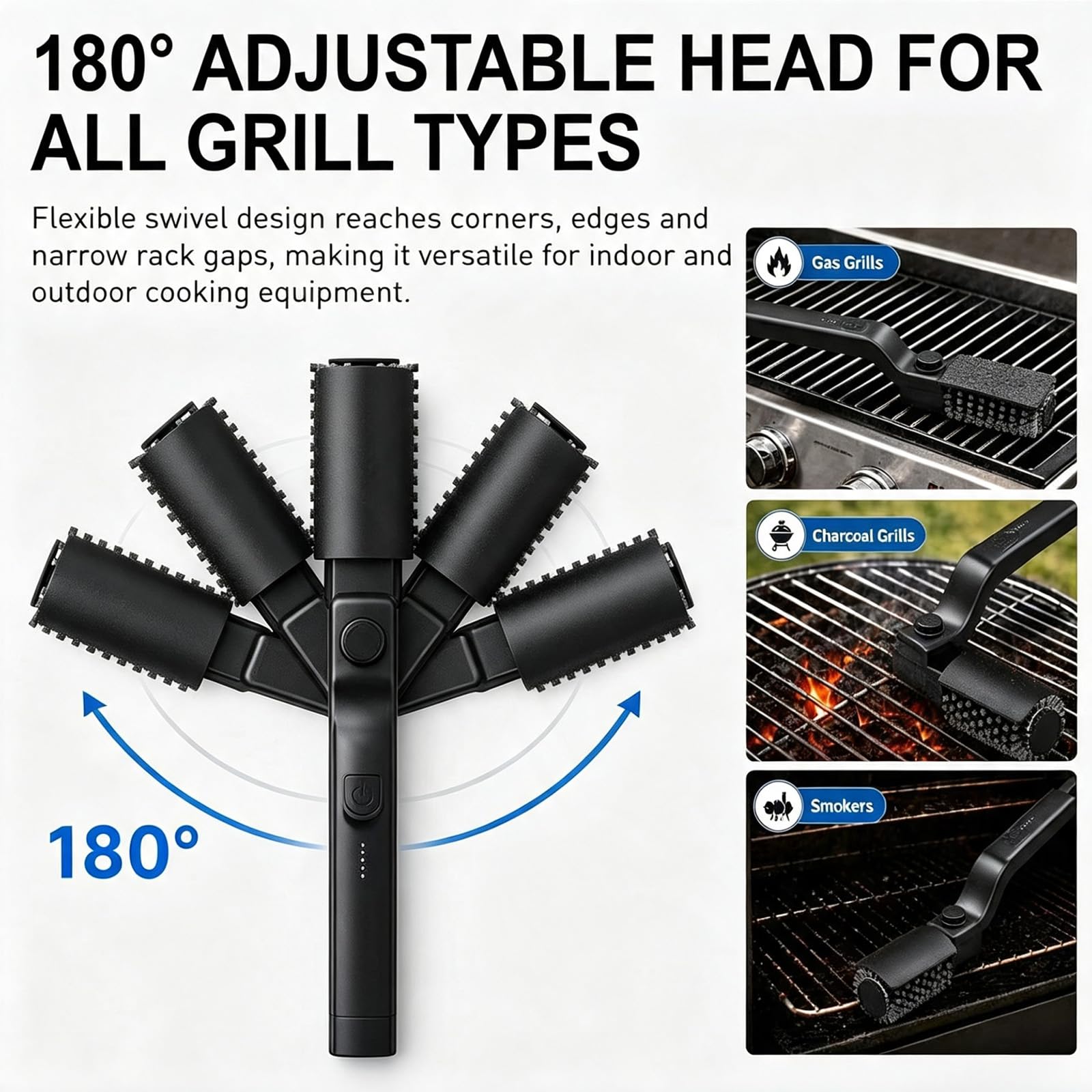 ALLUMK Spazzola grill elettrica impermeabile IPX7, testina orientabile 180°, 3 velocità, 2 testine sostitutive, autonomia oltre 100 min per griglie barbecue