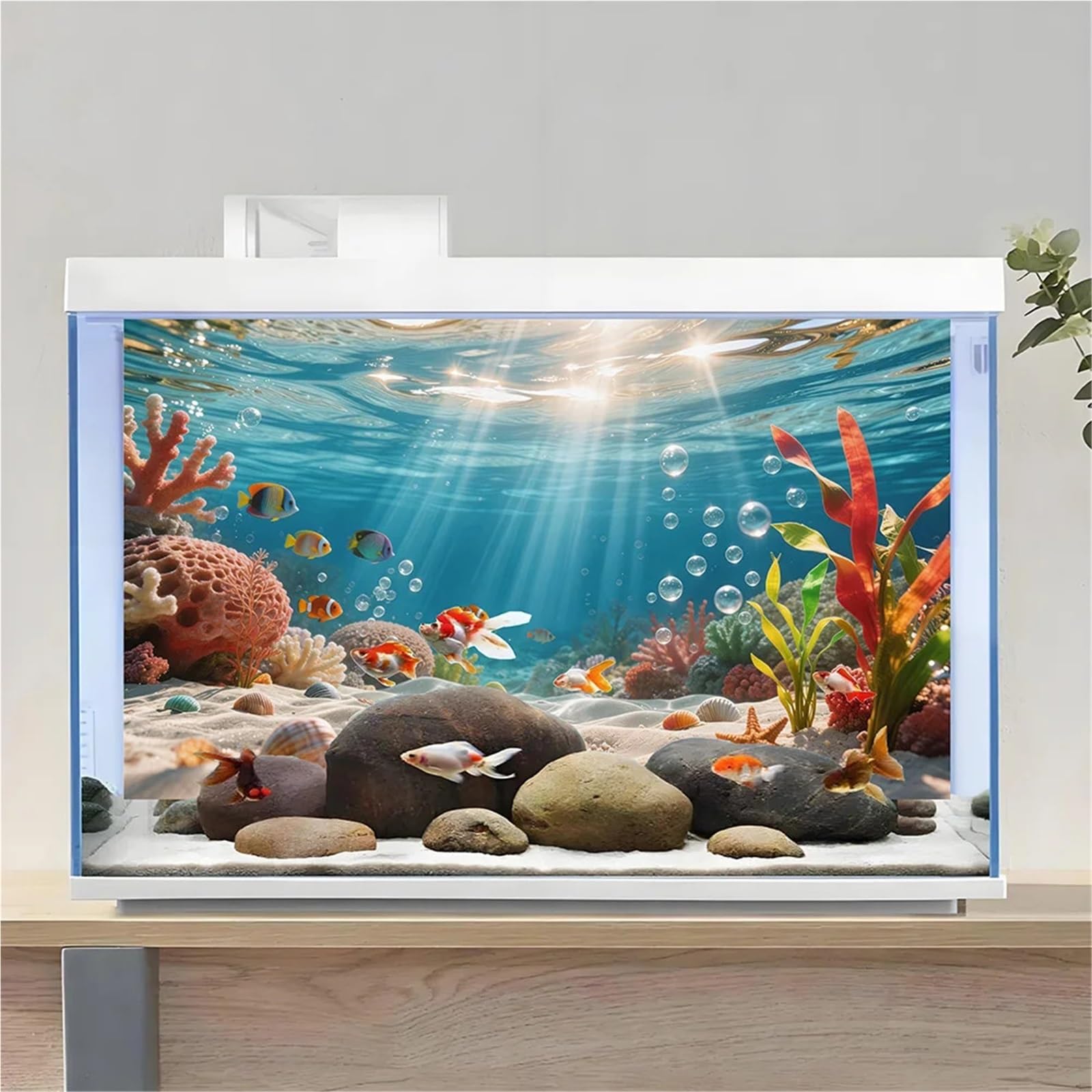 Adesivo for Pittura Acquario con Effetto 3D | Alghe bolle di sole, pittura di sfondo for acquario, autoadesivo frontale, ornamenti paesaggistici(60X40cm-23.6X15.8in)