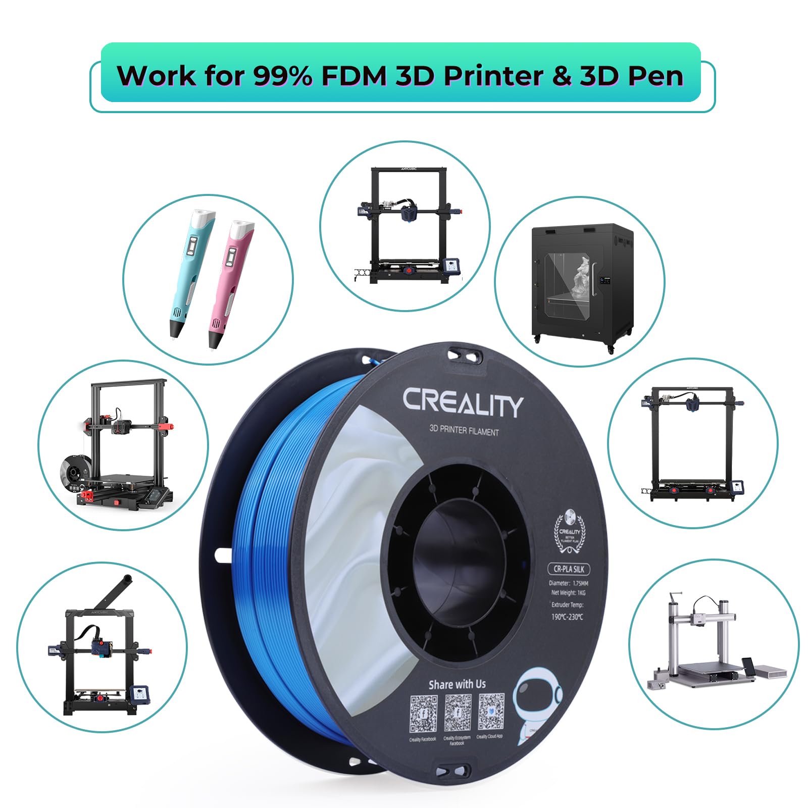Creality PLA Filamento a Stampante 3D Printer Silk Shiny PLA Filament 1.75mm +/-0.02mm, 3D Printing Filament 1KG/2.2lb (CR-Silk-Blu)