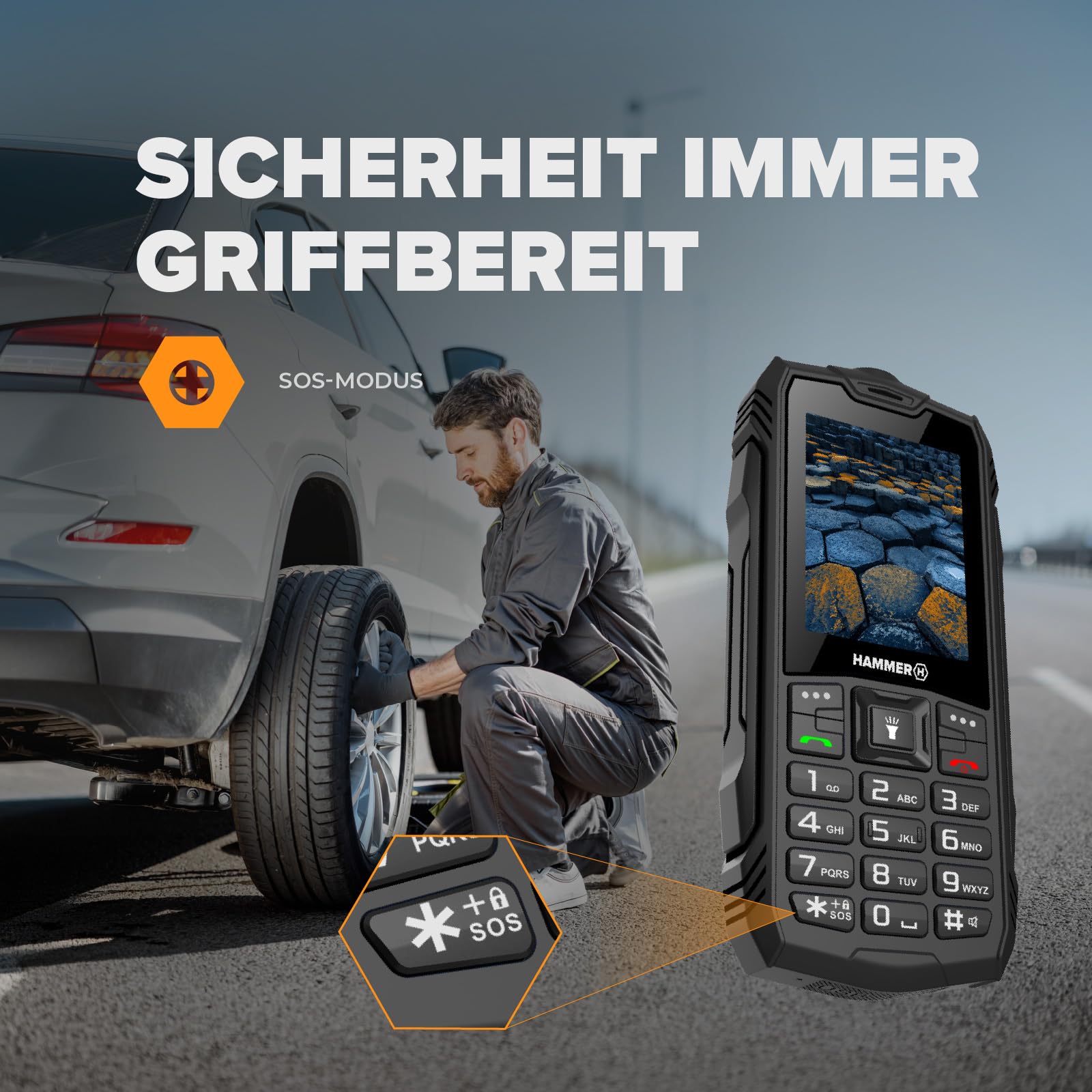Hammer H Basalt Outdoor Handy ohne Vertrag, 2.4 Zoll Farbdisplay, Robust, Mega Batterie 1800 mAh, Wasserdicht (IP68), Stoßfest, Baustellen Tasten, Taschenlampe, Dual SIM, Tastenhandy - Schwartz