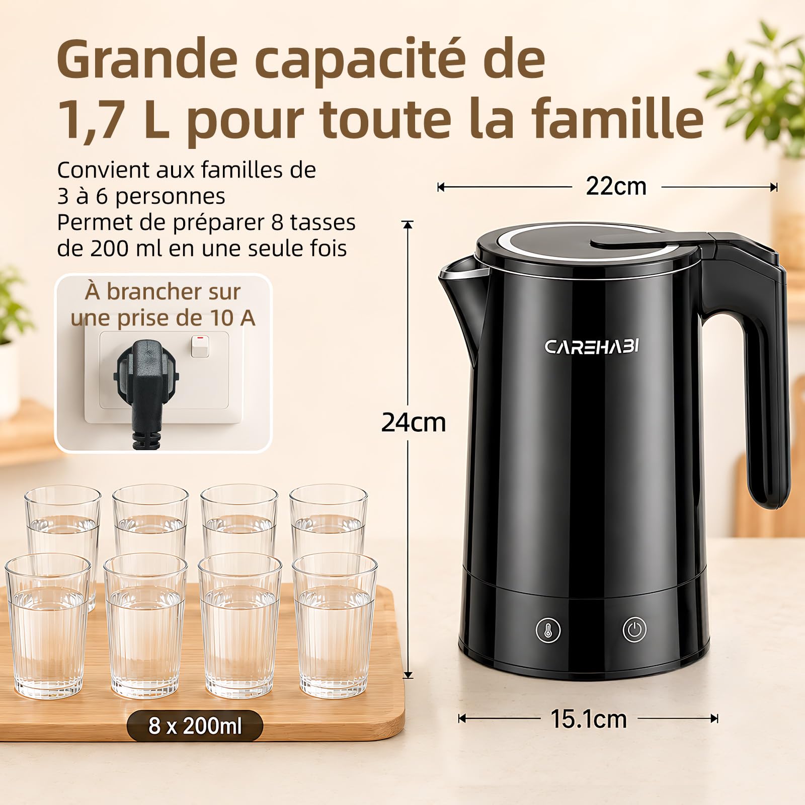 Carehabi Bouilloire Électrique 1,7L 2200W Maintien au Chaud 12H Sans BPA