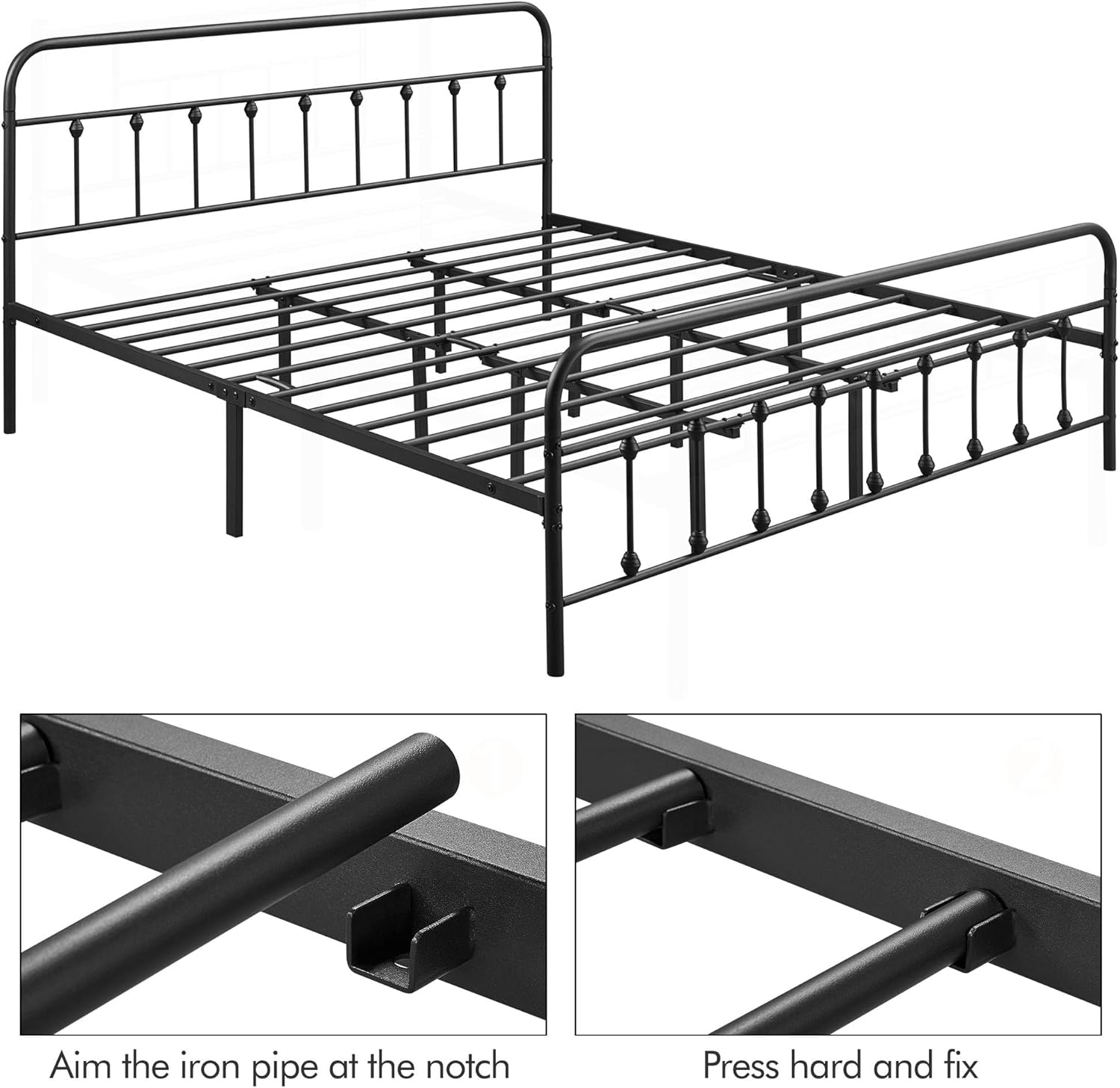 Two diagrams showing how to assemble the metal slats: 'Aim the iron pipe at the notch' and 'Press hard and fix'.
