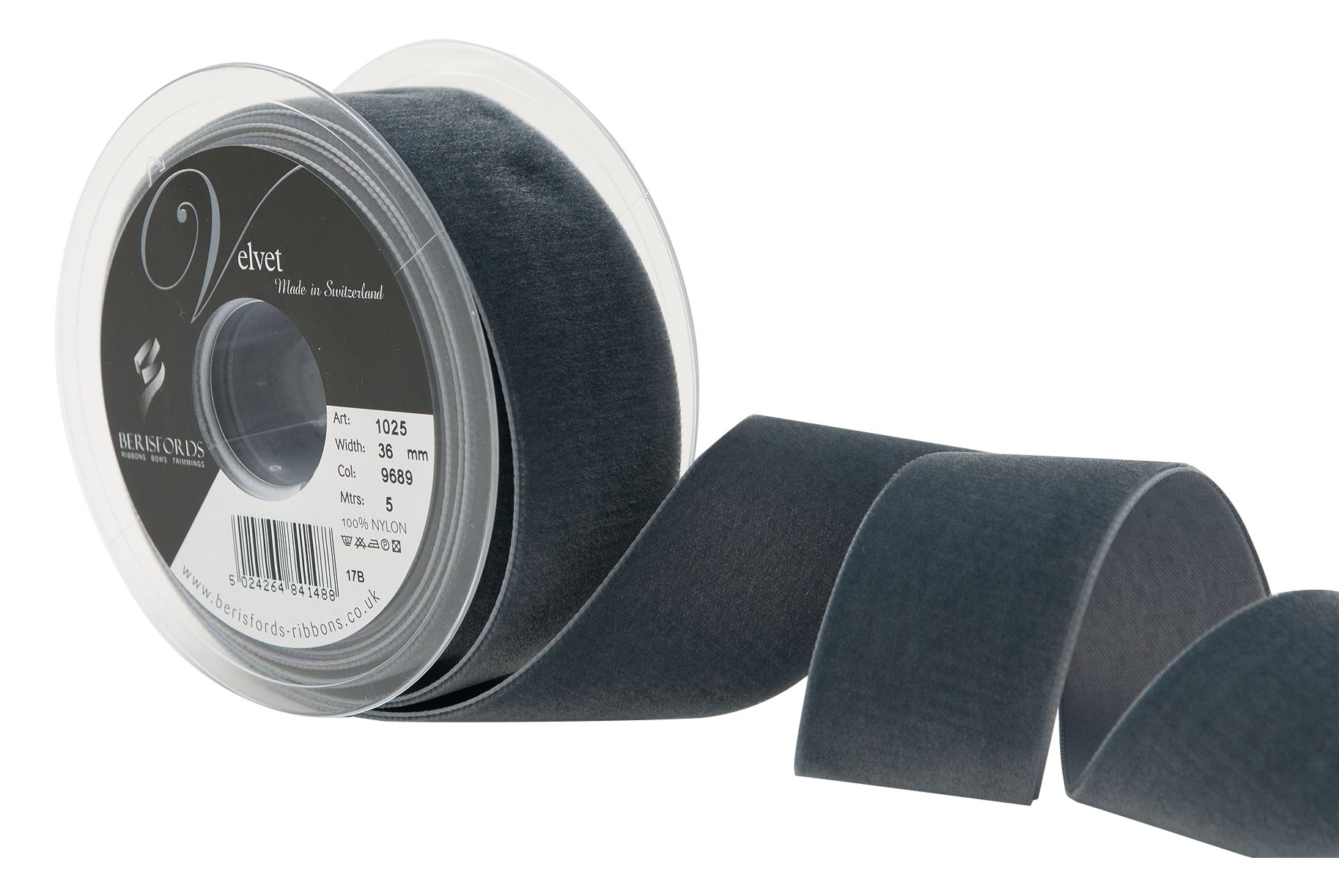 Berisfords Velvet Ribbon Gris Fonce 45mm - Nylon Craft Ribbon for Sewing, Gift Wrapping and Hair Accessories — image 1