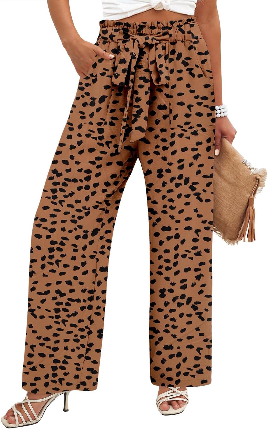 Angerella Womens Wide Leg Pants High Elastic Waist Adjustable Knot Casual Flowy Trousers Business Work Pants with Pockets