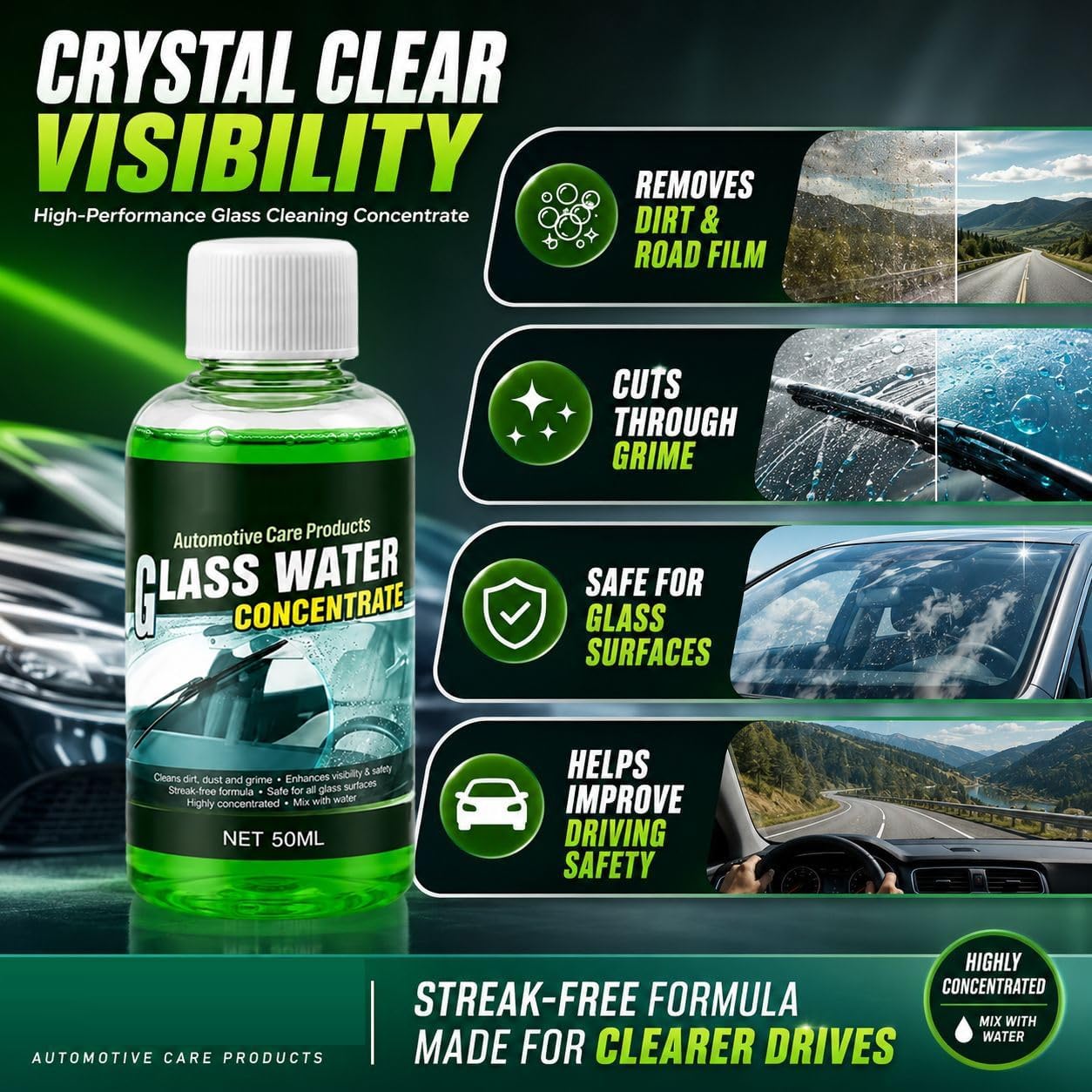 Concentré Nettoyant Pour Vitres Automobiles, 50 Ml (3PC)