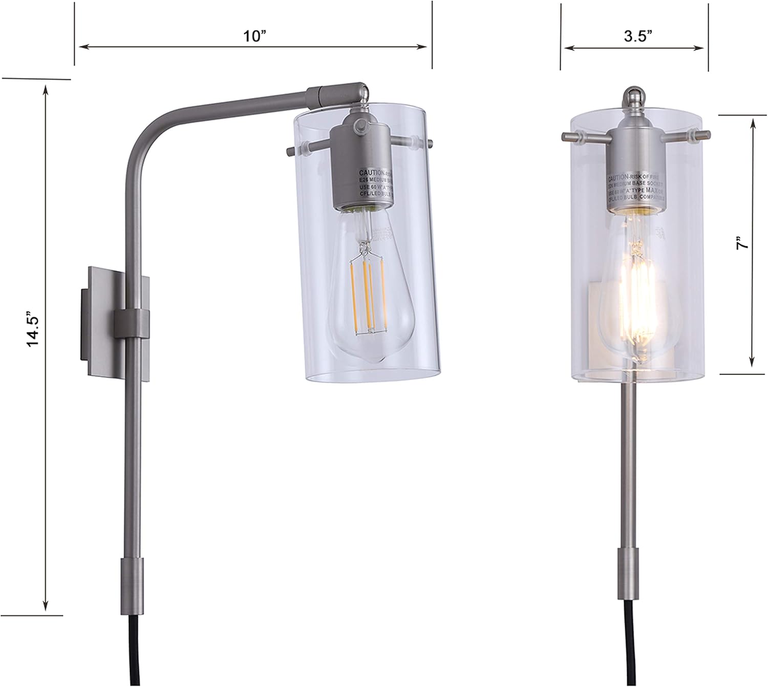 Linea di Liara Gemma Brushed Nickel Plug in Wall Sconce Swing Arm Wall Mounted Lamp Cord with On and Off Switch Bedside Wall Lamp Bedroom Wall Light Fixture with Clear Glass Shade, UL Listed