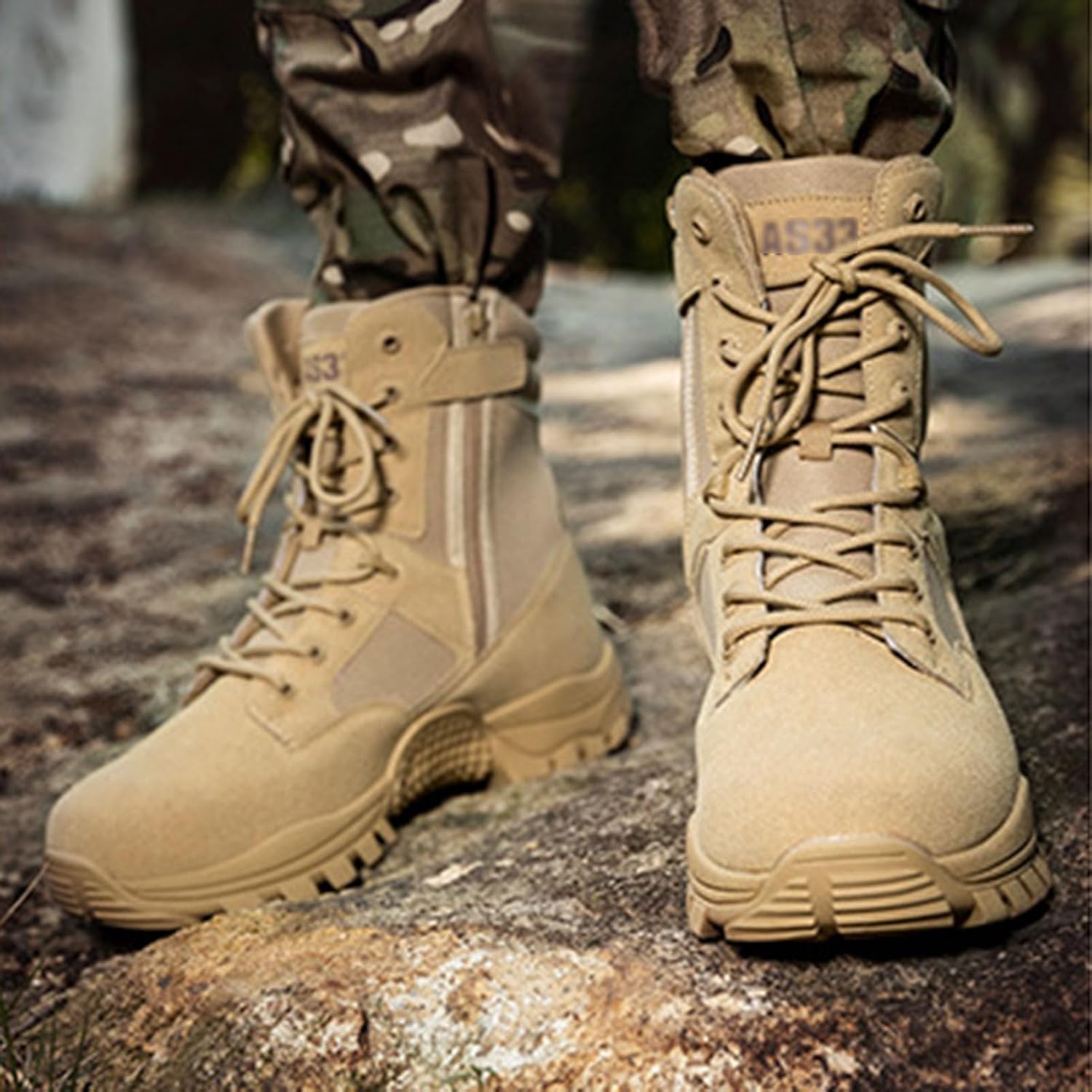 軽量ミリタリーコンバットブーツメンズ、サイドジッパー付き、スーツハイキング、防水、通気性効果、デザートブーツ, サンド 色, 24.