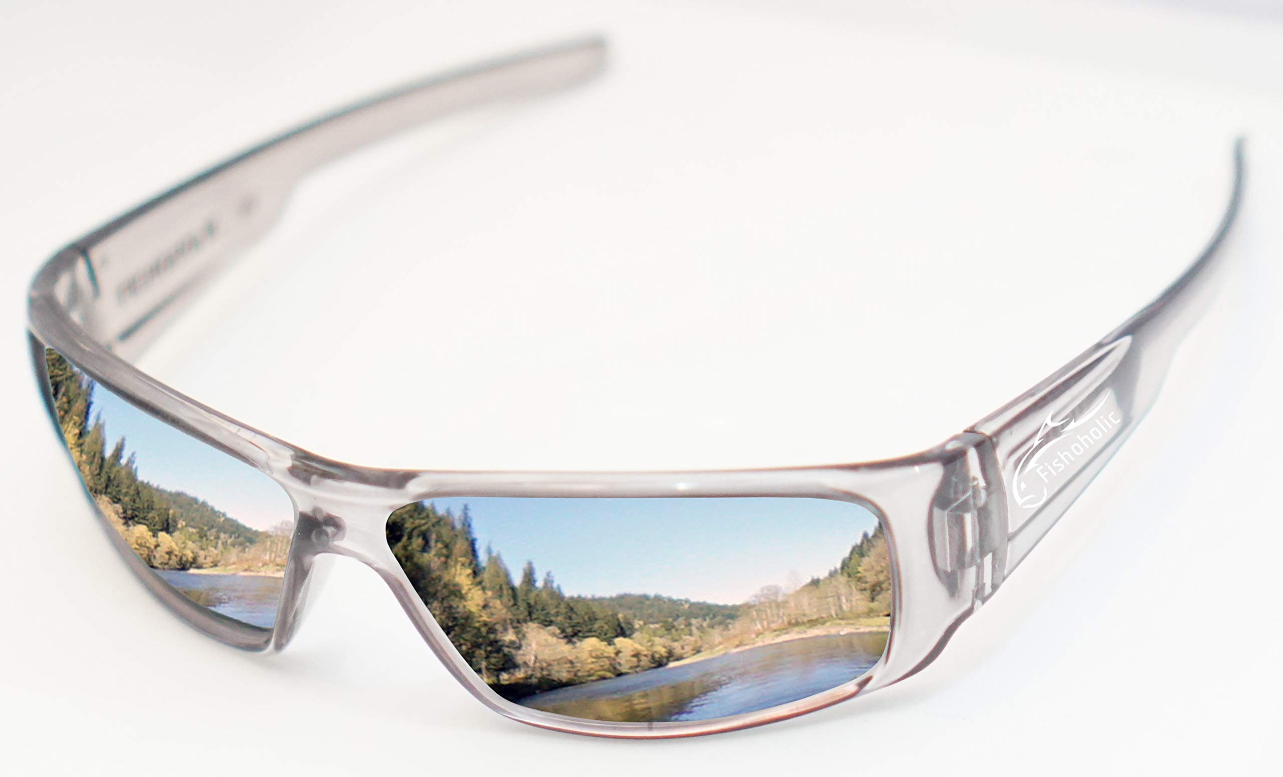 Gafas de sol polarizadas de pesca, marco semitransparente con lente de espejo plateado sobre base ámbar, frío como hielo
