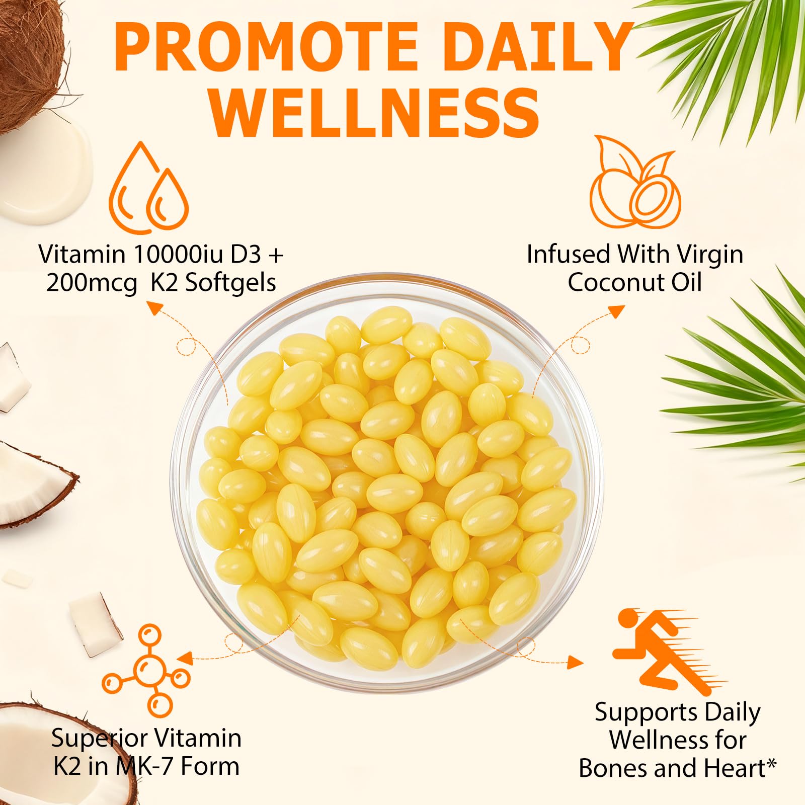 Vitamin D3 K2 with Coconut Oil - Vegan Vitamin D3 10000iu & Mk7 Vitamin K2 200mcg for Bone & Immune Support - Non-GMO, Soy Free - 120 Softgels