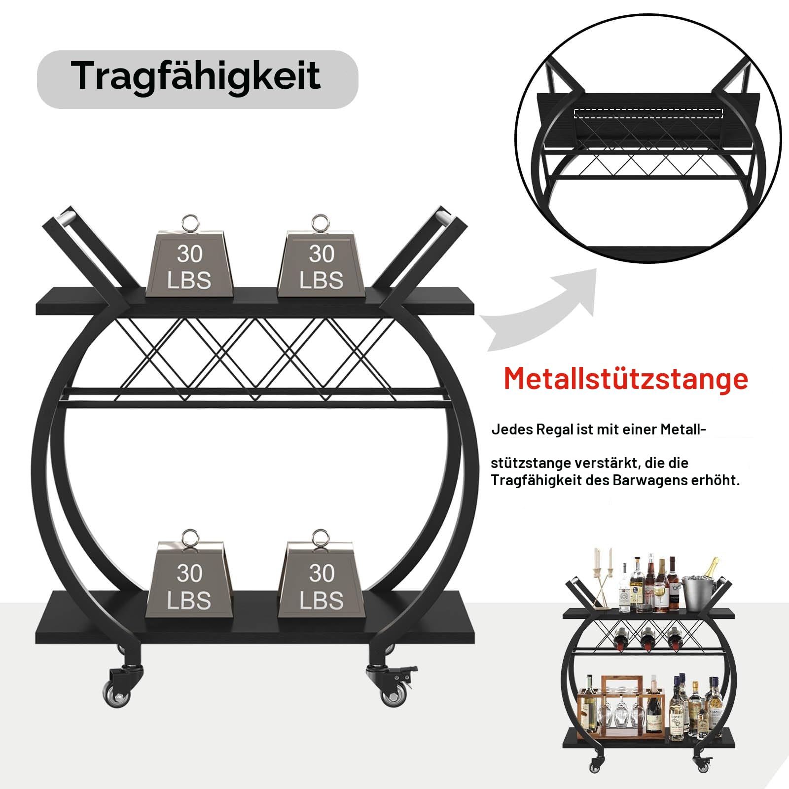 LVB Servierwagen mit Rollen, Barwagen mit Weinregal, Küchenwagen mit 2 Ebenen, Weinwagen, Getränkewagen für Küche, Esszimmer, Bar, Wohnzimmer, 76B x 40.5T x 84H cm, Schwarz