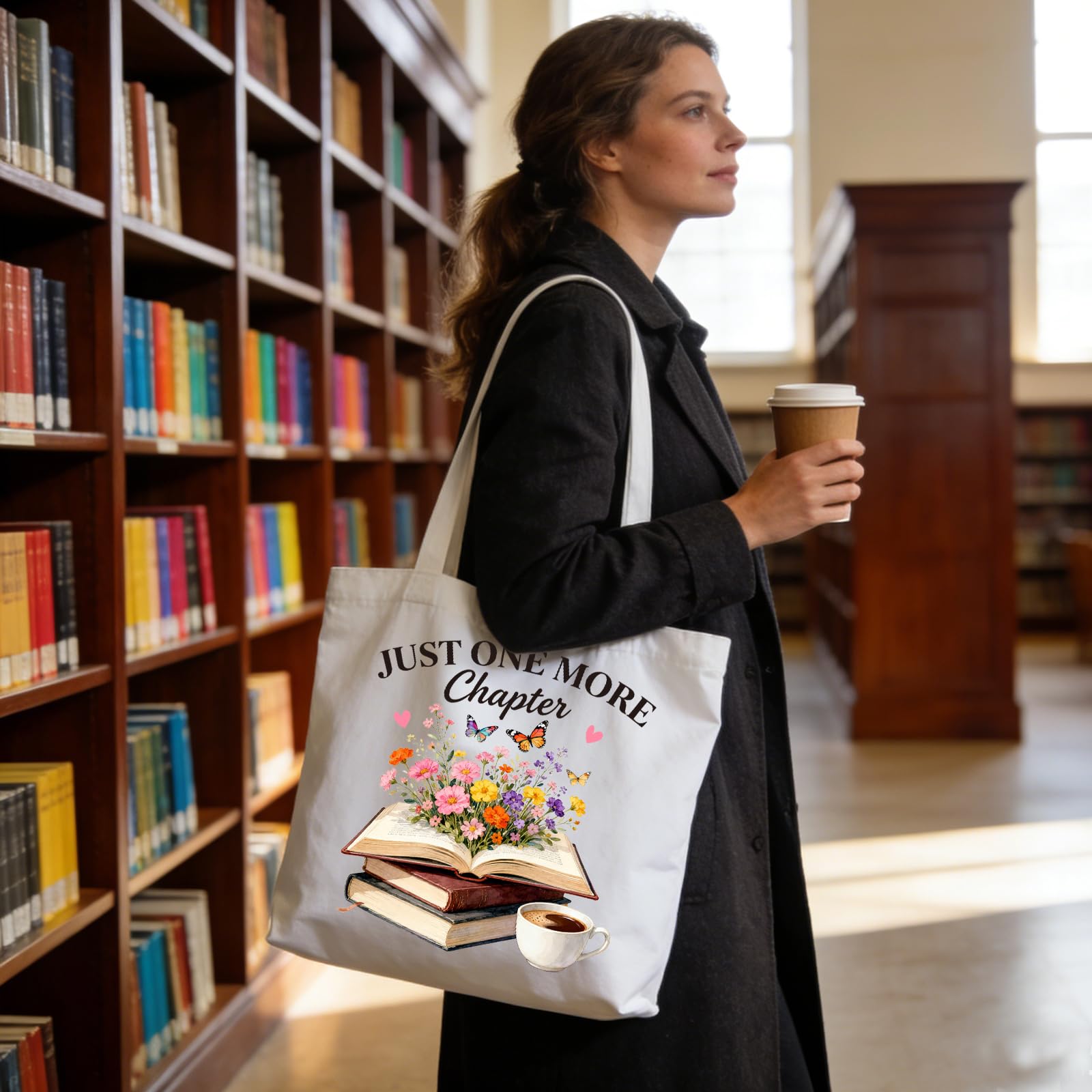 ANATTASOUL Borsa in cotone personalizzabile, con motivo a libro, in tela, regalo per donna, fidanzata, mamma, sorelle, moglie, compleanno, festa della mamma, con cremallera, 38 x 40 cm