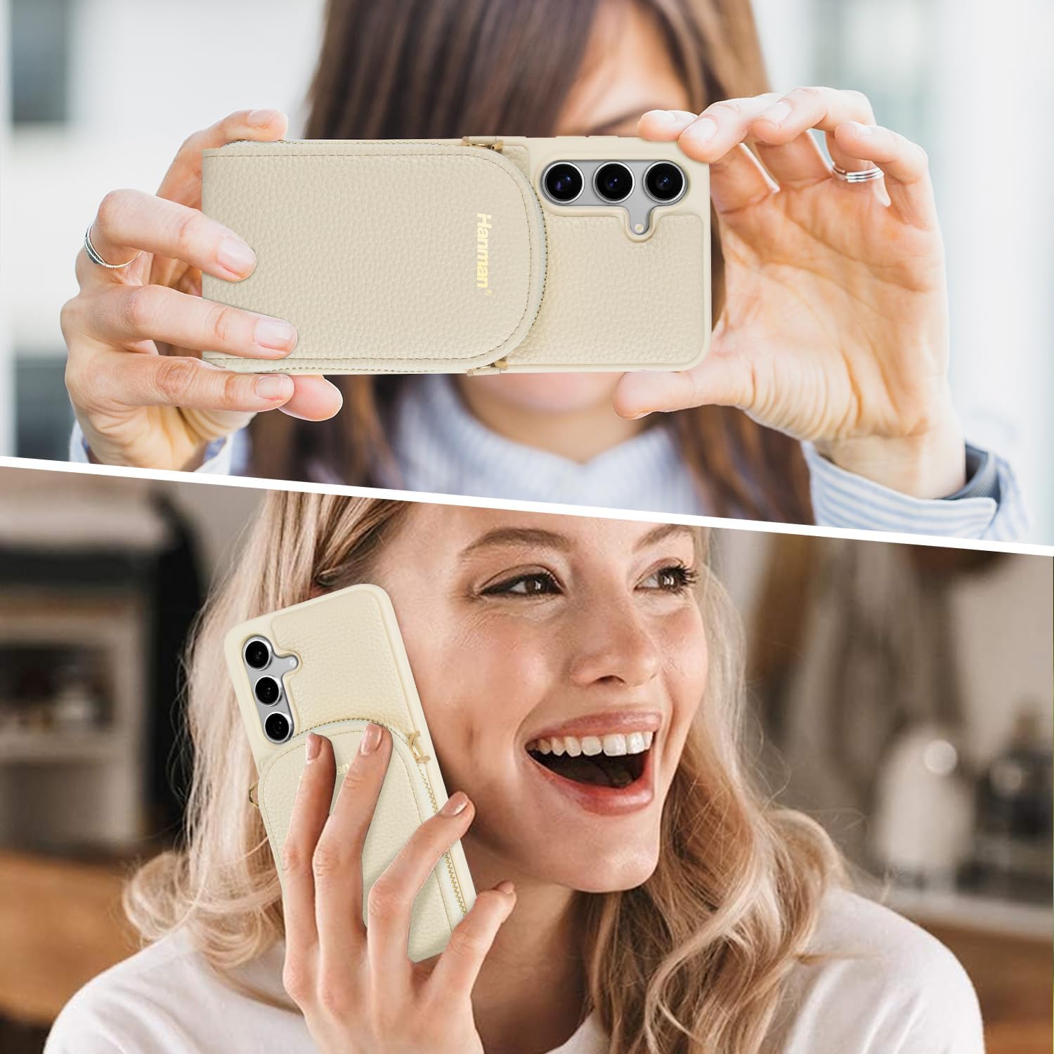 Hanman Crossbody Wallet Case for Galaxy S24, RFID Blocking PU Leather Zipper Handbag Purse Cover, Suitable for Galaxy S24, Leather Wallet Case for Woman & Girls - Beige