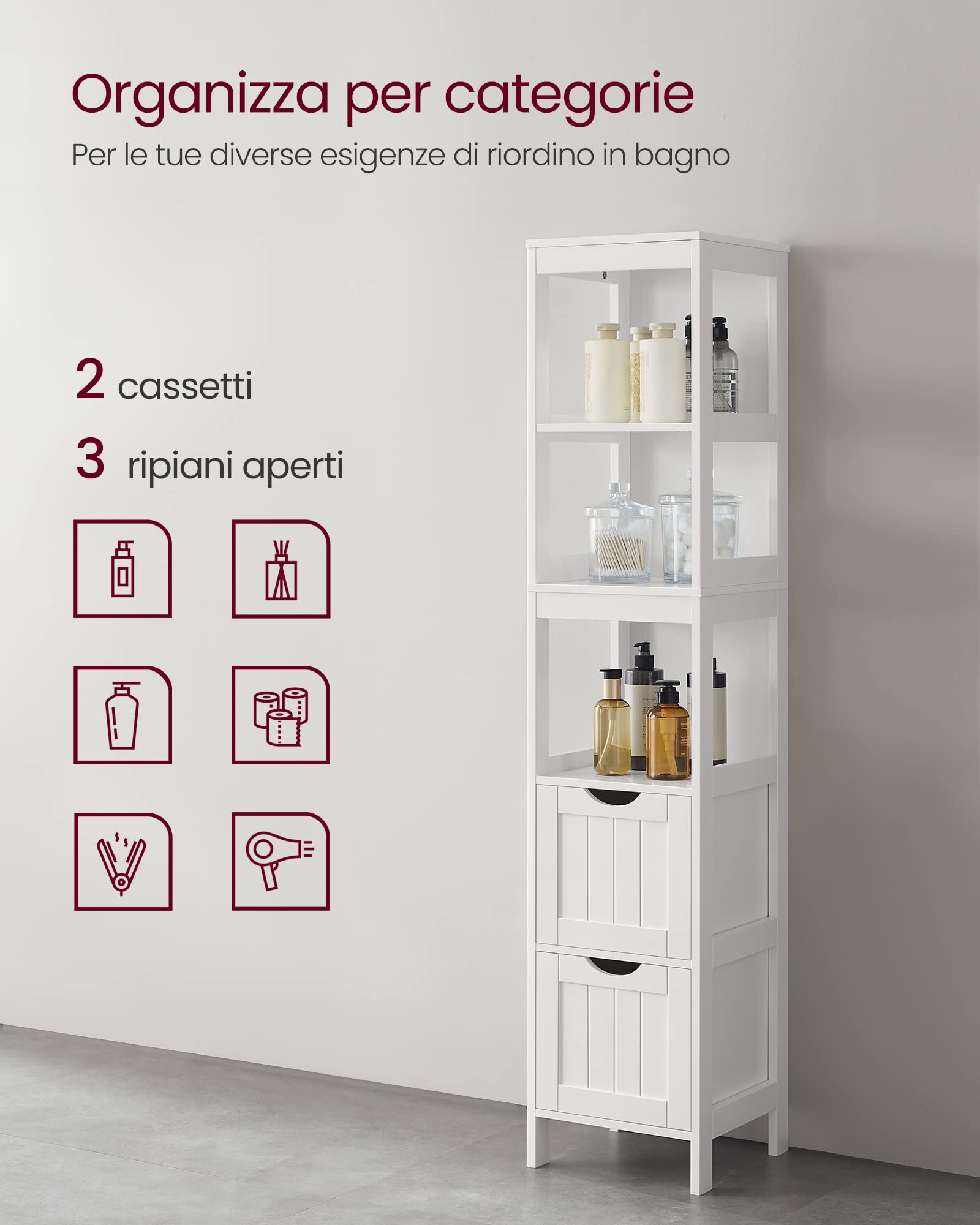VASAGLE Mobile Alto da Bagno, Armadietto da Bagno, Mobiletto da Bagno, con 2 Cassetti e 3 Scomparti Aperti, 30 x 30 x 141,5 cm, per Bagno, Soggiorno, Cucina, Bianco BBC66WT