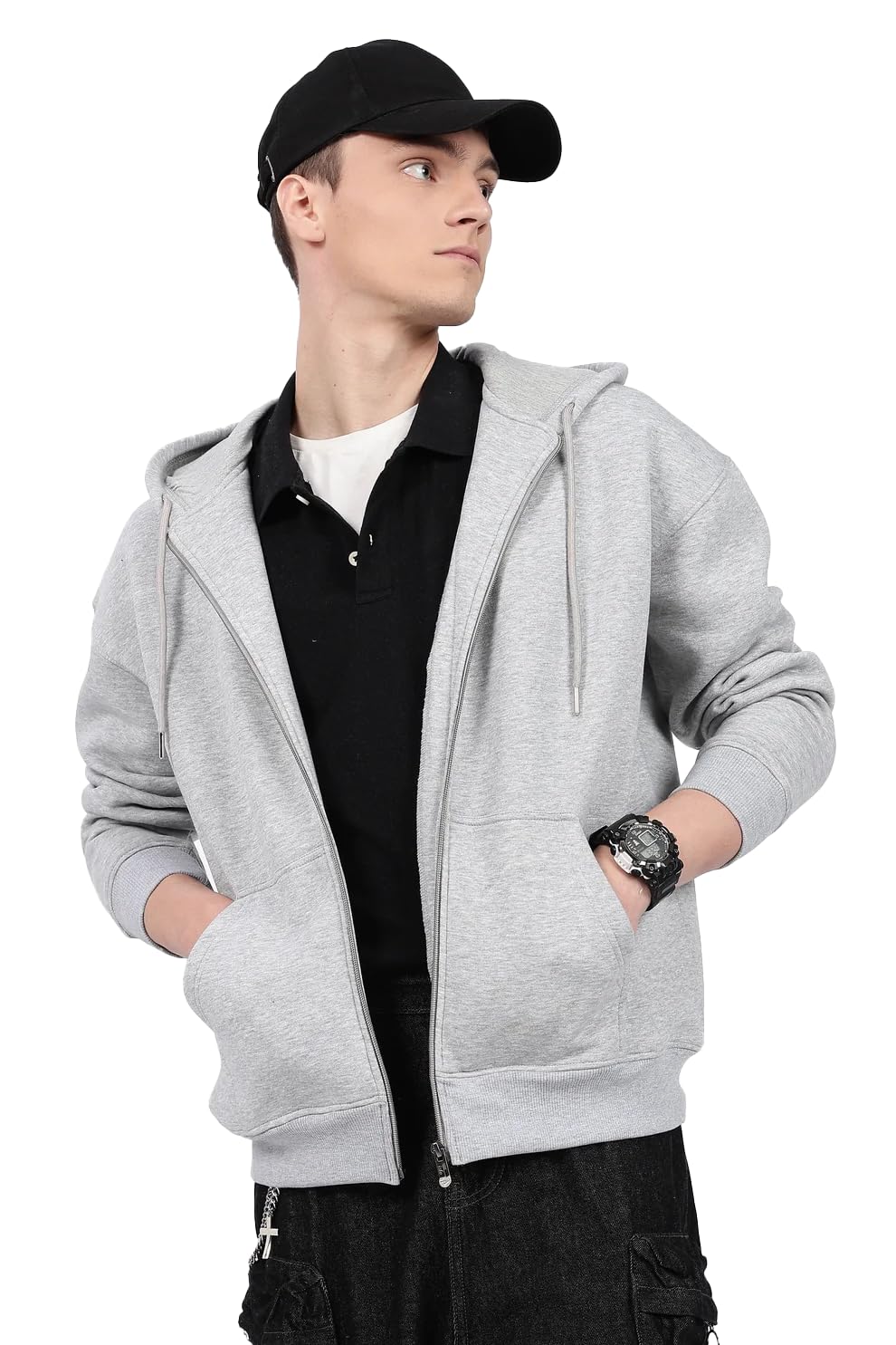 watermelon Light Grey Men's Zip-Up Hoodie | Premium Zipper Hooded Sweatshirt with Kangaroo Pockets | Cotton Blend Fleece Hoodie