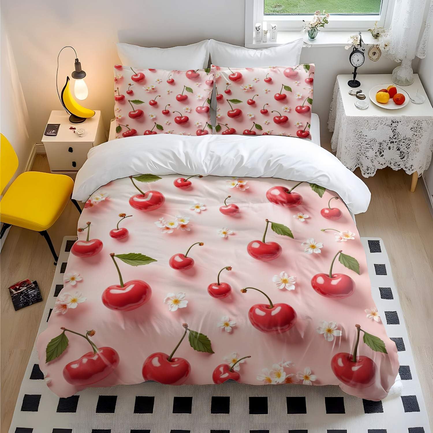 Housse de couette fleurie blanche 140x200 avec 2 taies d'oreiller lit simple