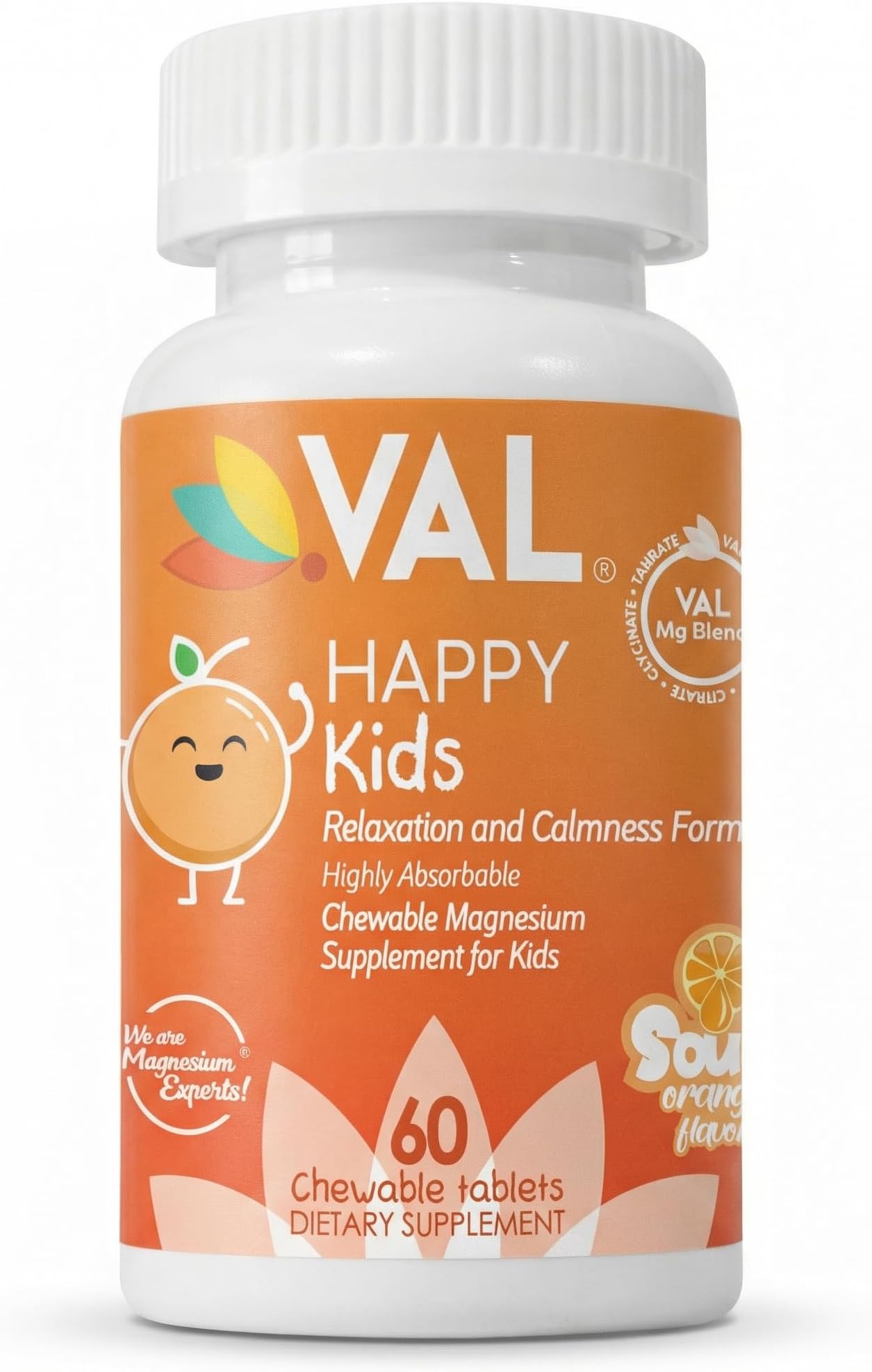 VAL Chewable Magnesium for Kids, Relaxation and Calm Formula, Glycinate, Citrate, Taurate, Vitamin B6, D, C, Natural Orange Flavor, Sugar Free, Gluten Free, Non-GMO, 60 Chewable Tablets
