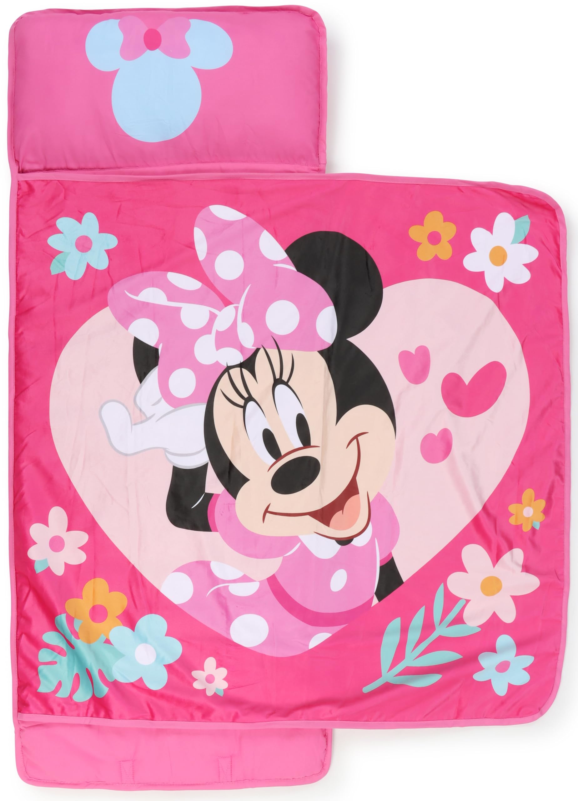 Jay Franco Kids Nap Mat with Embedded Pillow & Blanket – Soft 46"x20" Microfiber Sleeping Bag with Name Tag & Handle for School, Travel, Sleepover, Pink - Minnie Mouse