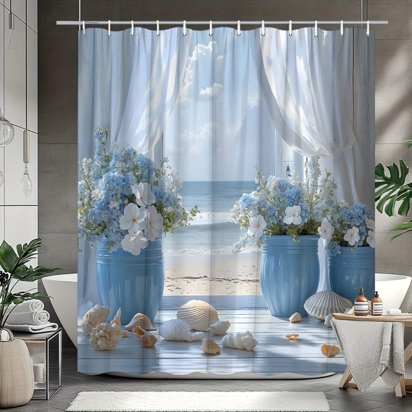 Rideau de douche imprimé floral et plantes exotiques finition haut de gamme 145x210