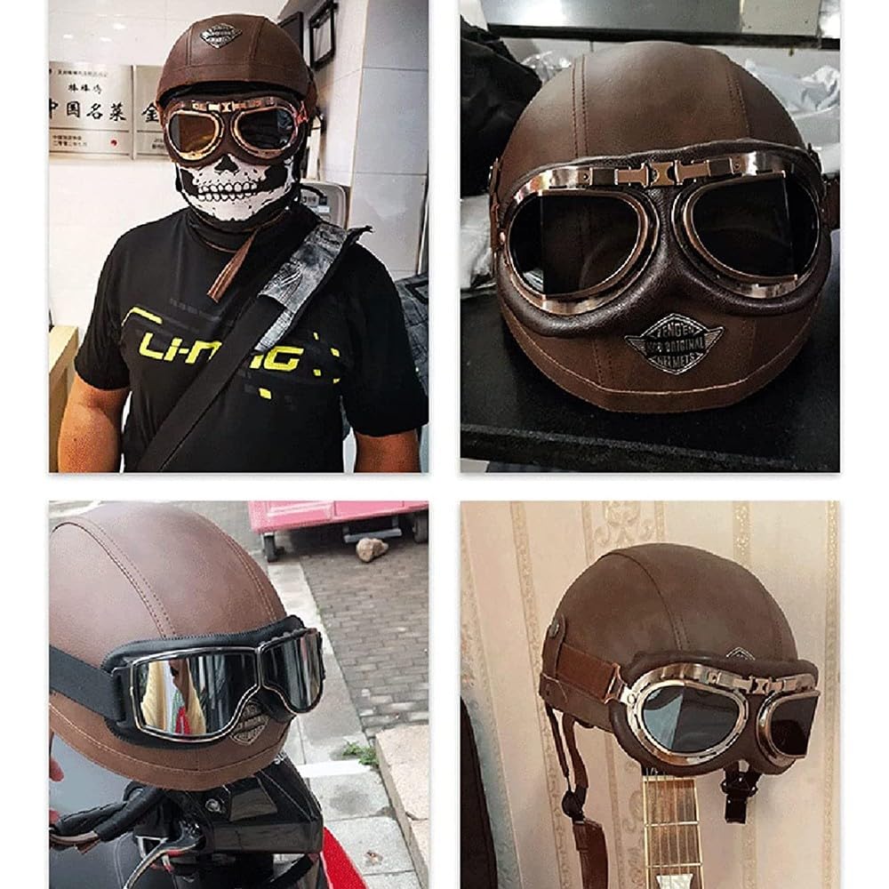 Motorfiets Vintage Helm Duitse Stijl Half Helm Open Helm Jet Helm met Bril ECE Goedgekeurd Mannen Vrouwen Volwassen Zomer Bromfiets Straat Open Helm C,M=57-58CM